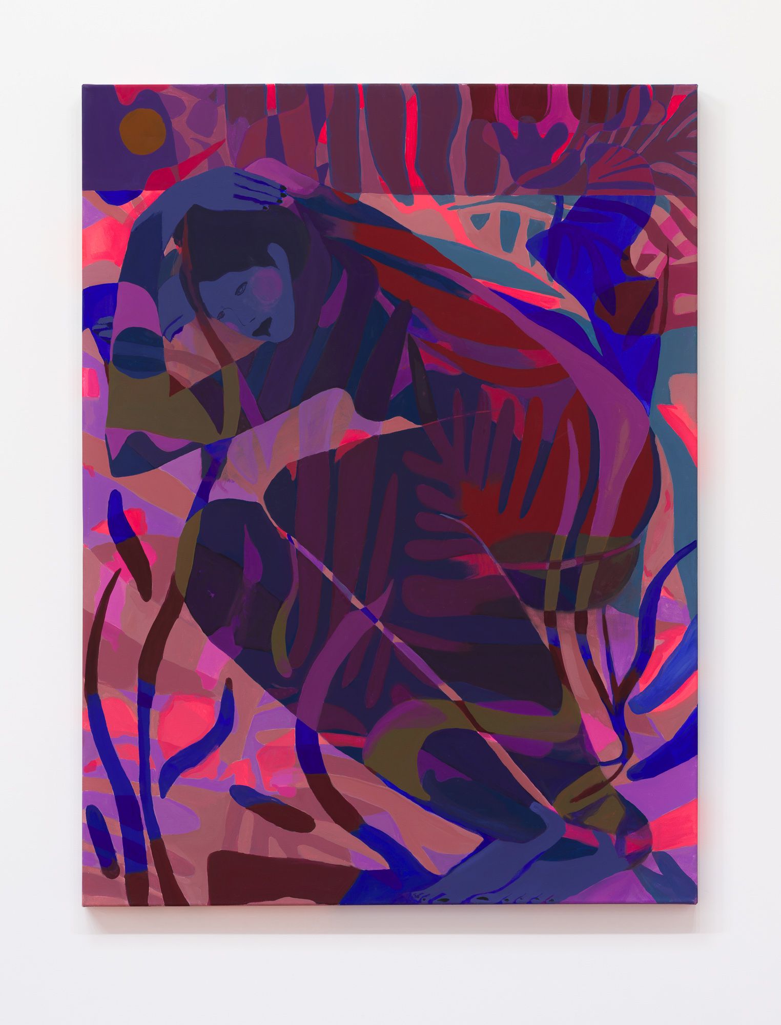 Figure in vibrant, abstract strokes of blue, purple, and red, slumped against a background of foliage by Emily Wise.