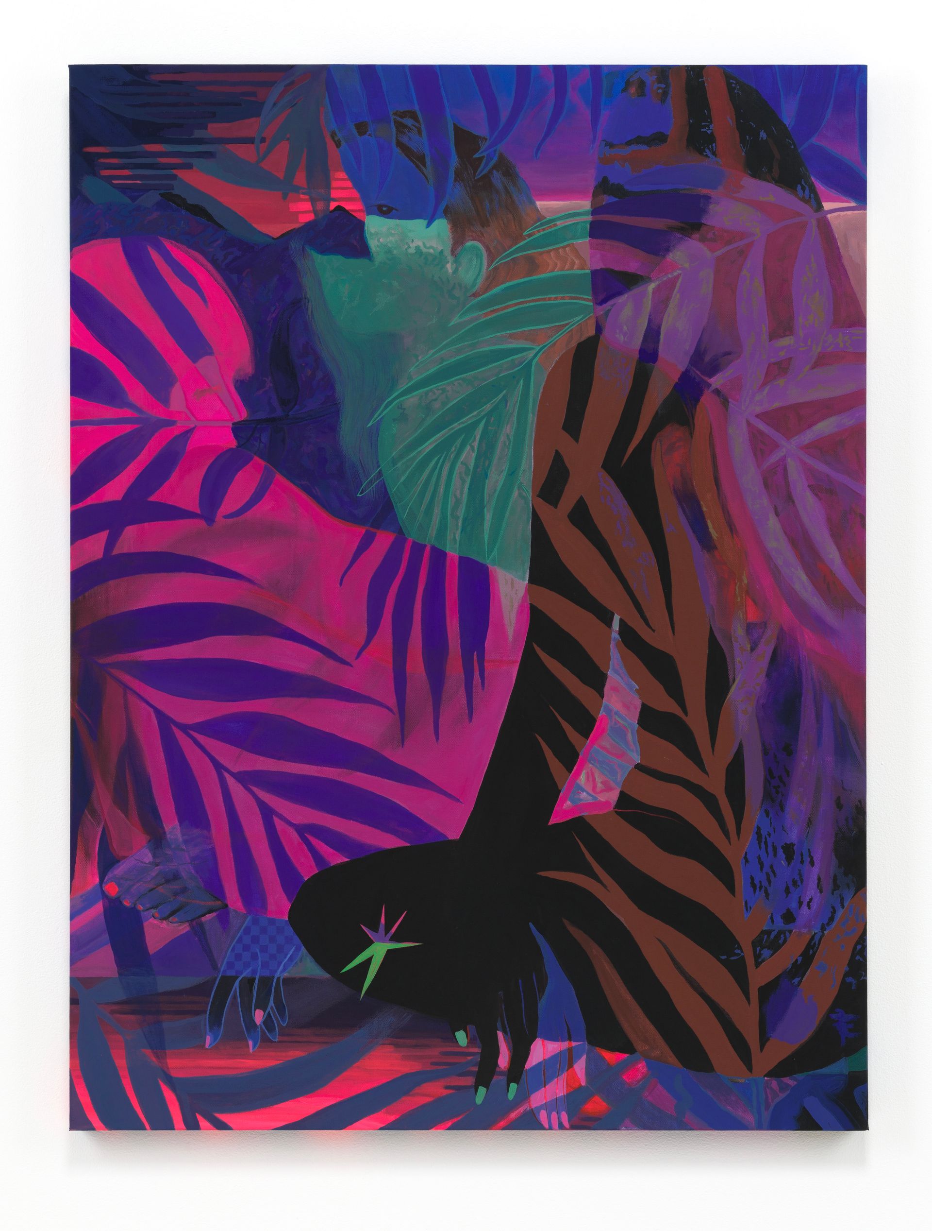 Abstract artwork by Emily Wise. Bright pink, purple, and blue tropical scene with dark silhouettes and leaf patterns.
