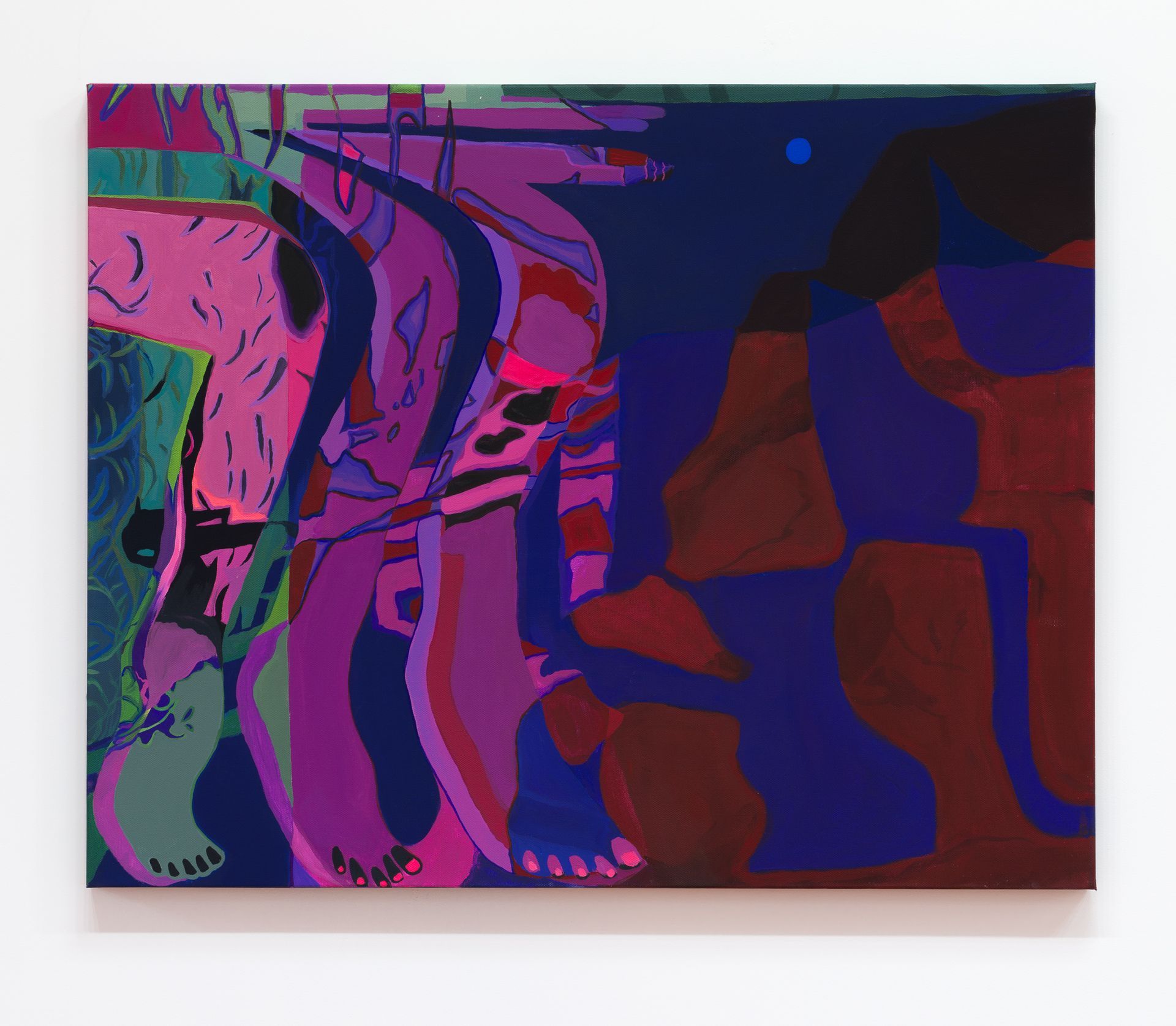 Abstract painting by Emily Wise with figures in shades of purple, blue, and pink.