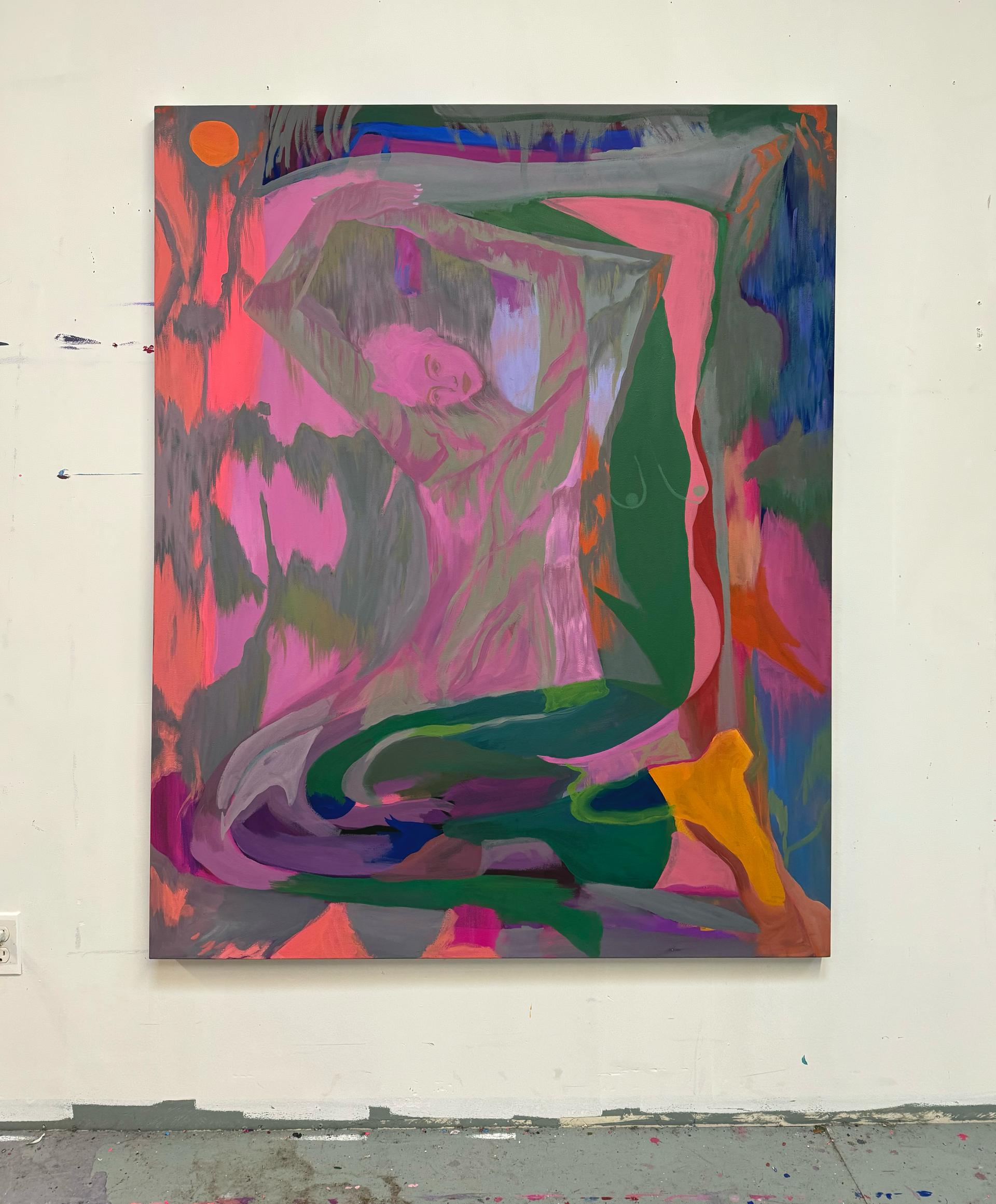 Abstract painting by Emily Wise with pink, green, gray, and orange shapes. 