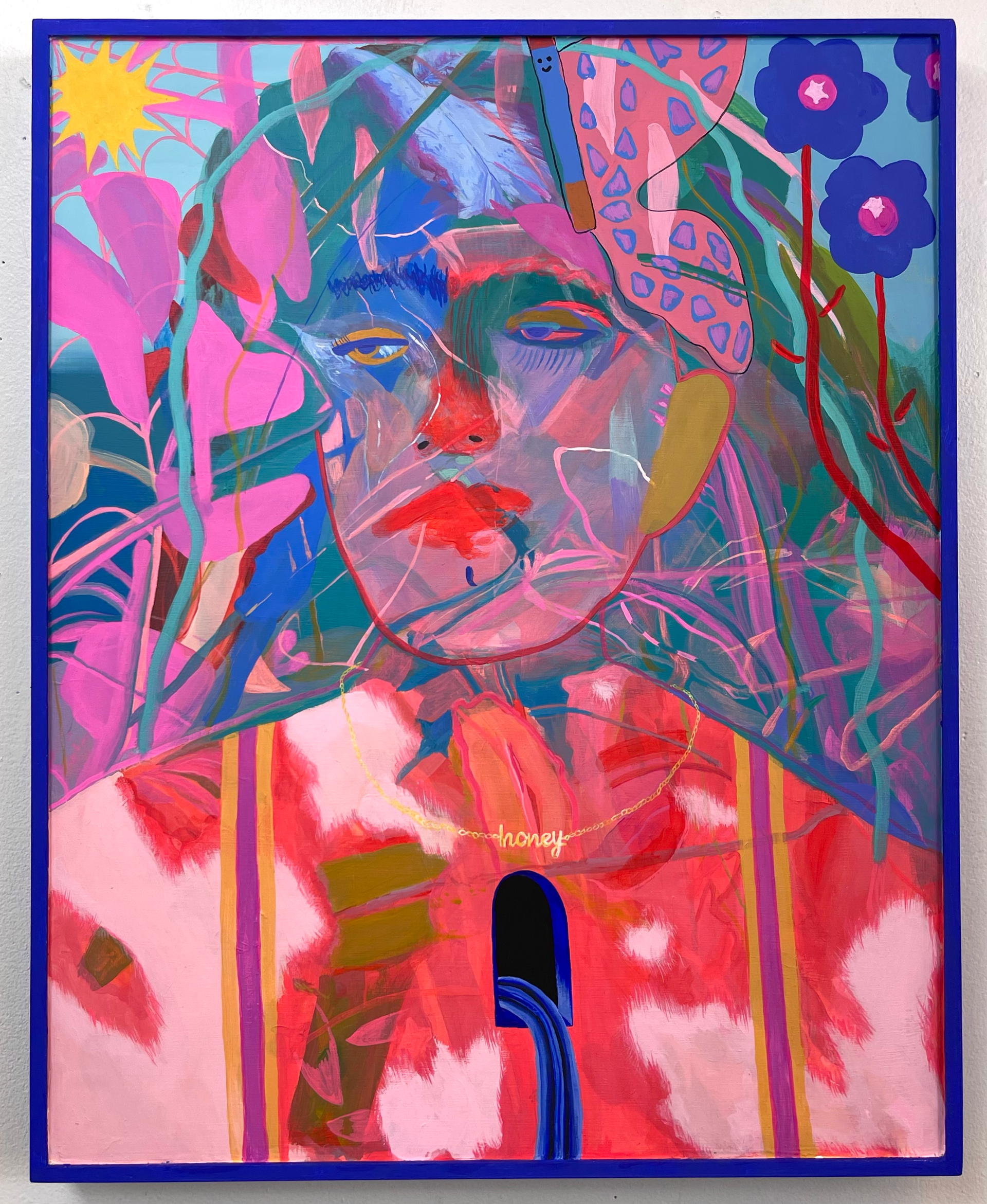 Woman's face surrounded by colorful flora; blue, pink, and red hues dominate the painting  by Emily Wise. 