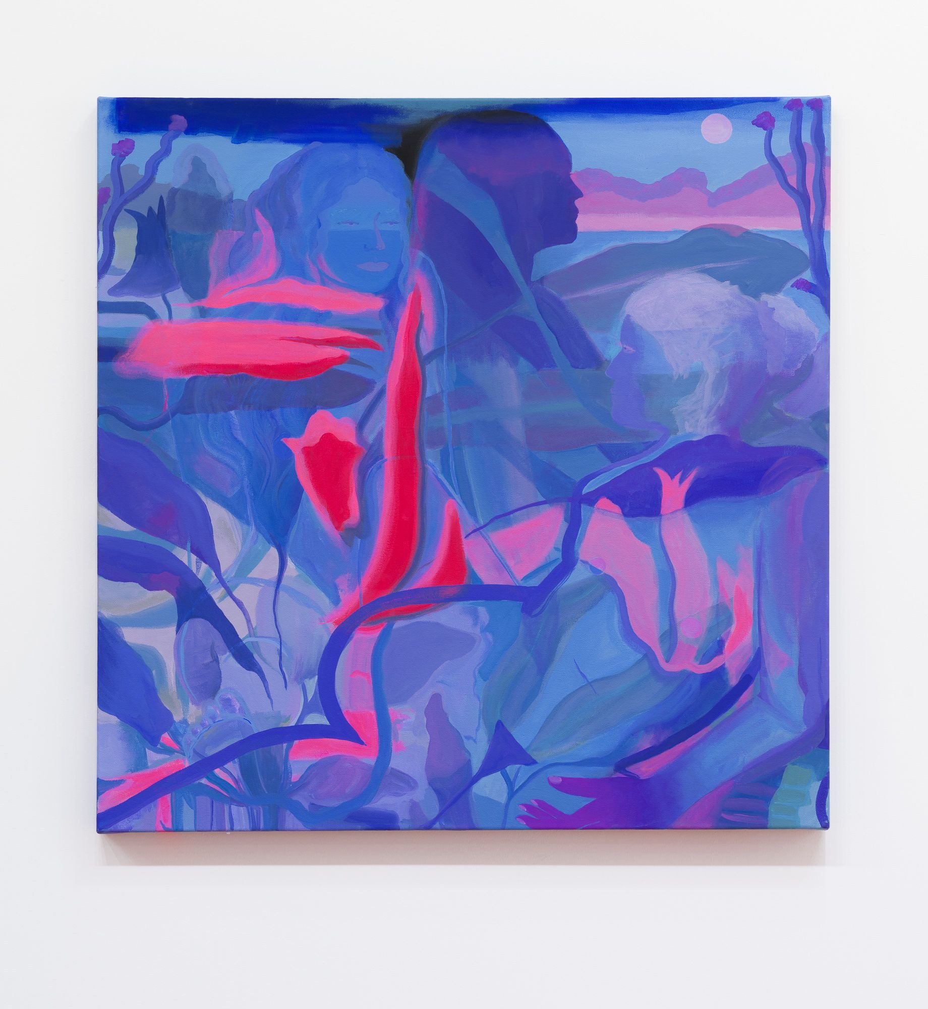 Painting by Emily Wise: Blue, purple, and pink figures in a landscape, a silhouette of a person in the background.