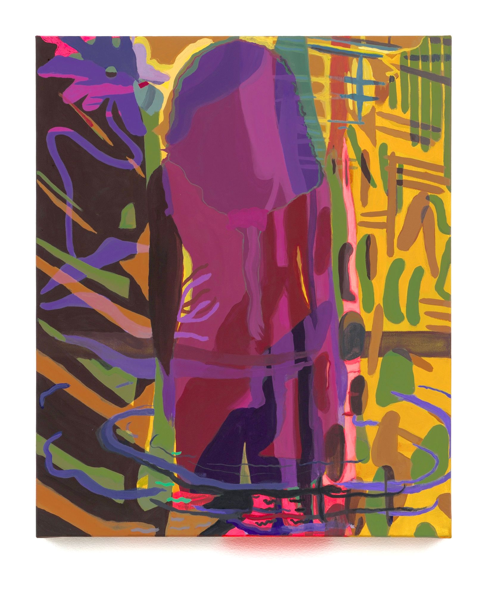 Abstract painting  by Emily Wise of a figure in purple and pink with colorful, textured background.