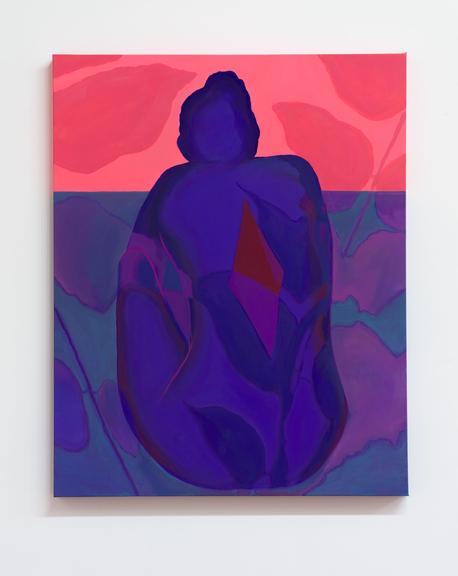 Purple figure in seated pose against a pink and blue backdrop, abstract leaves by Emily Wise.
