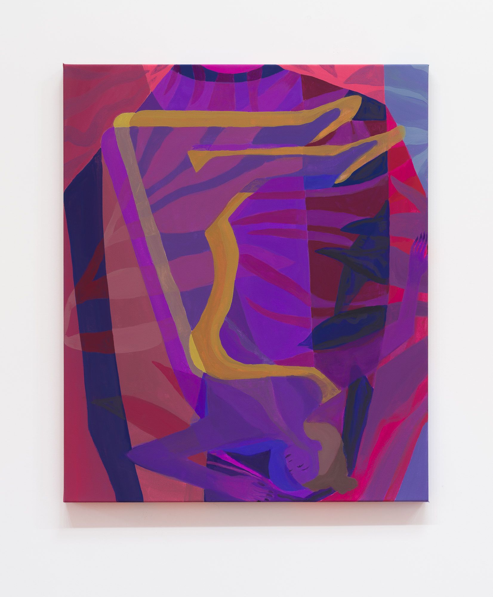 Abstract painting by Emily Wise with a purple, pink, and gold palette, depicting a figure and geometric shapes.