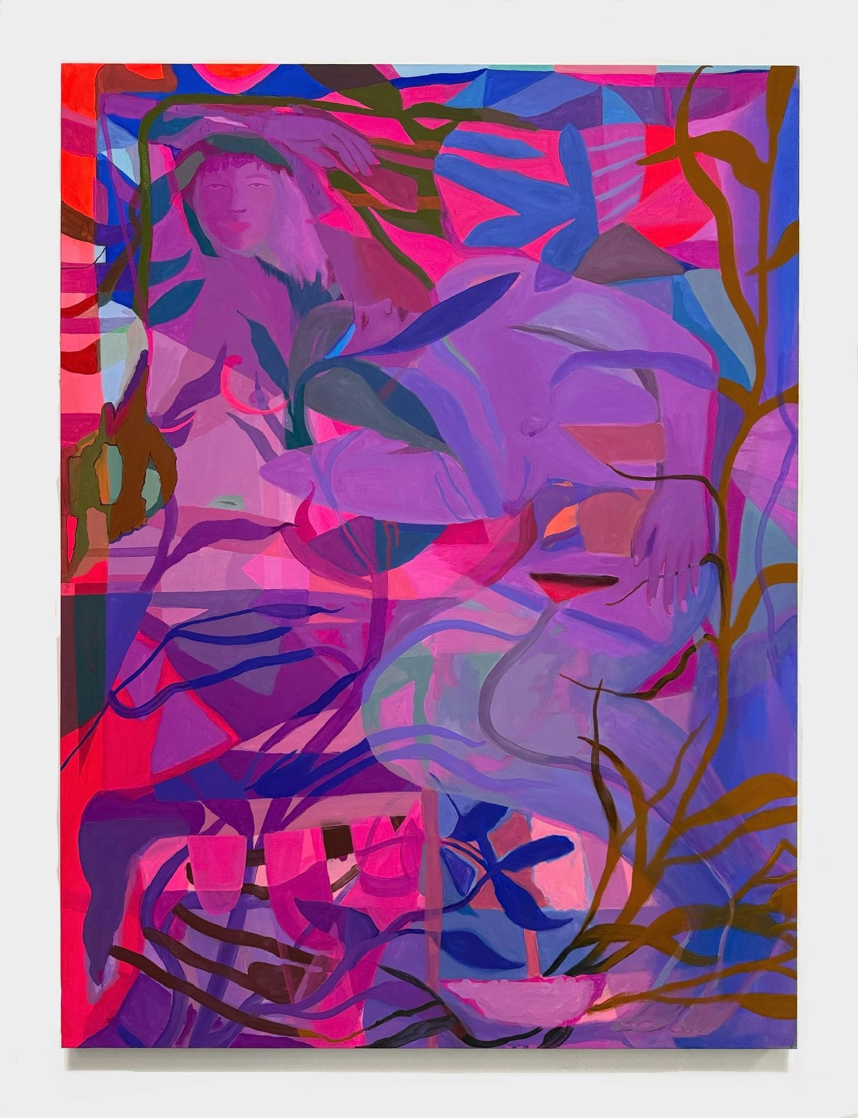 Abstract painting by Emily Wise with purples, pinks, and blues; organic shapes layered with geometric elements.