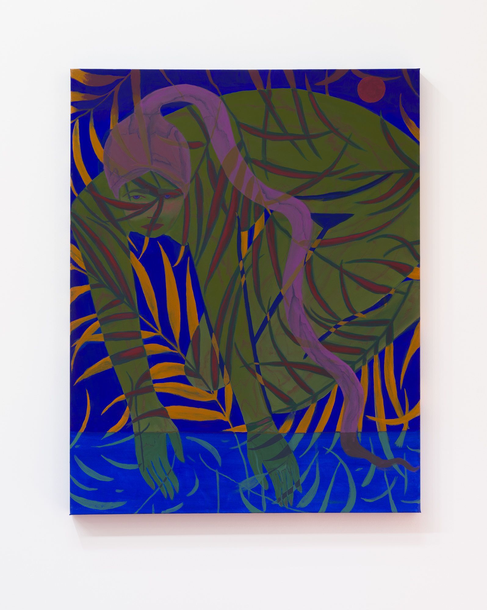 Figure in green foliage with purple hair, arms reaching towards a blue water-like area by Emily Wise.