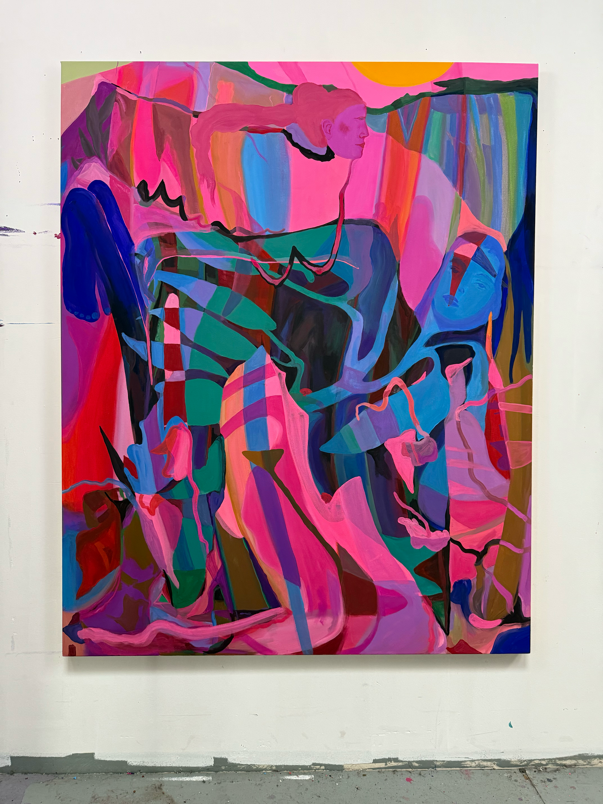 Abstract painting by Emily Wise in vivid pinks, blues, and greens. Figures are suggested through blocks of color.