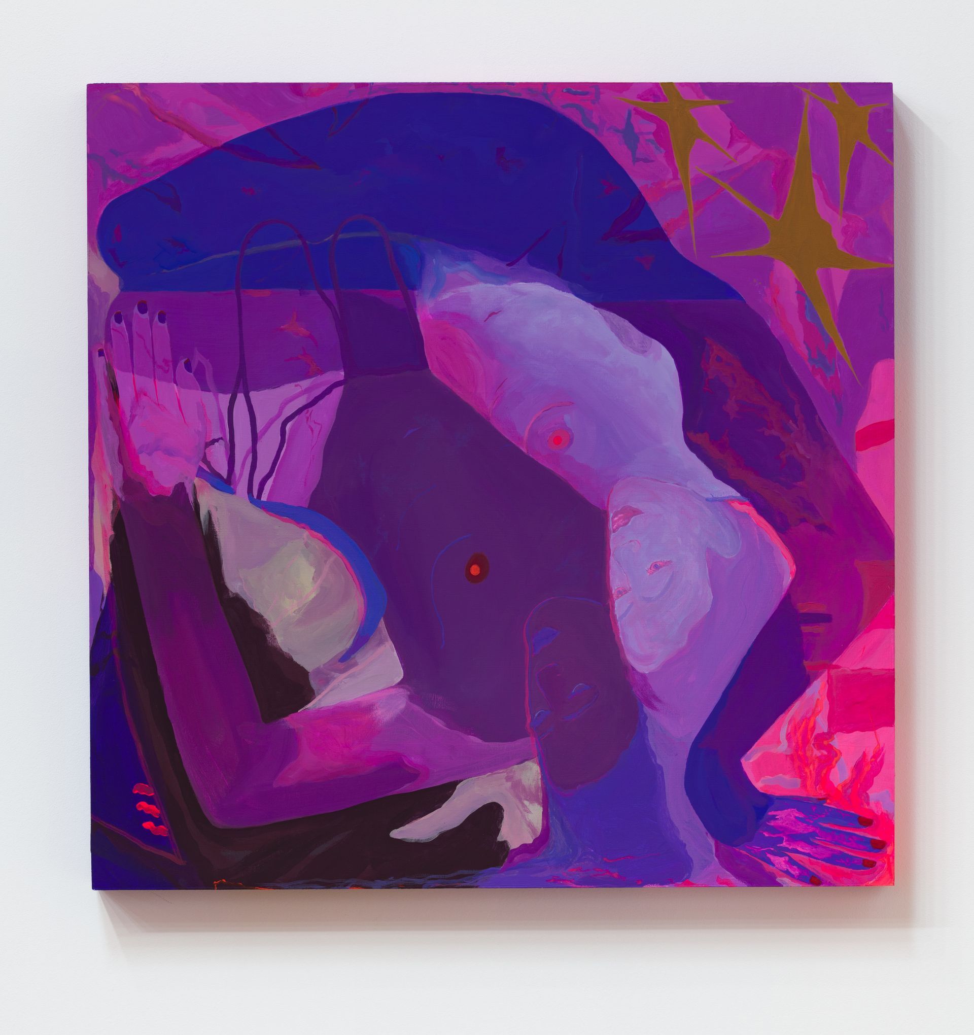 Abstract painting by Emily Wise of a figure in purple, blue, and pink hues with a gold star shape, on a white wall.