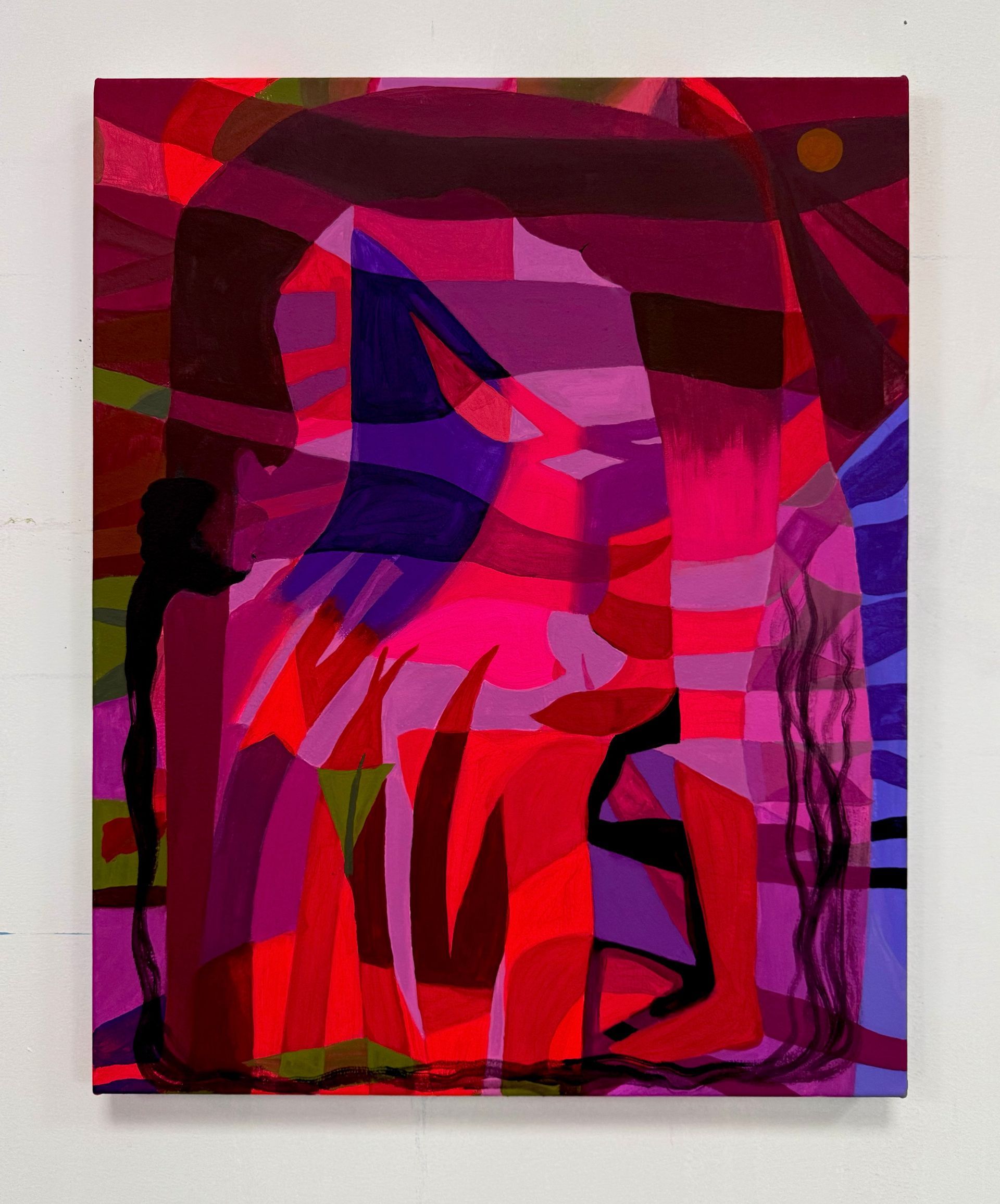 Abstract painting by Emily Wise of a figure in shades of pink, red, and purple; on a white wall.