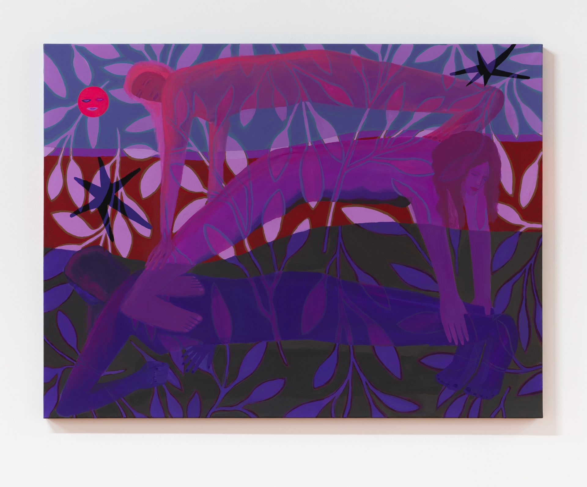 Three figures in a purple-red gradient stacked, with a sun, stars, and leaves by Emily Wise.