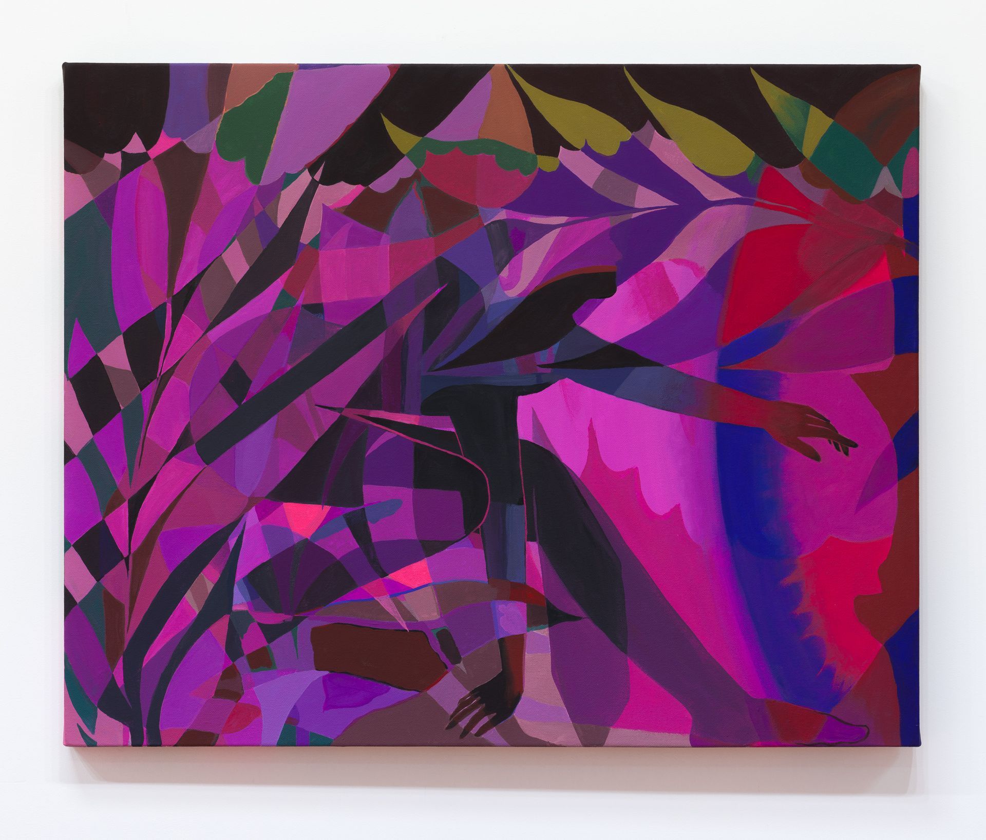Abstract painting by Emily Wise of a figure with arm extended, lush purple and pink foliage.