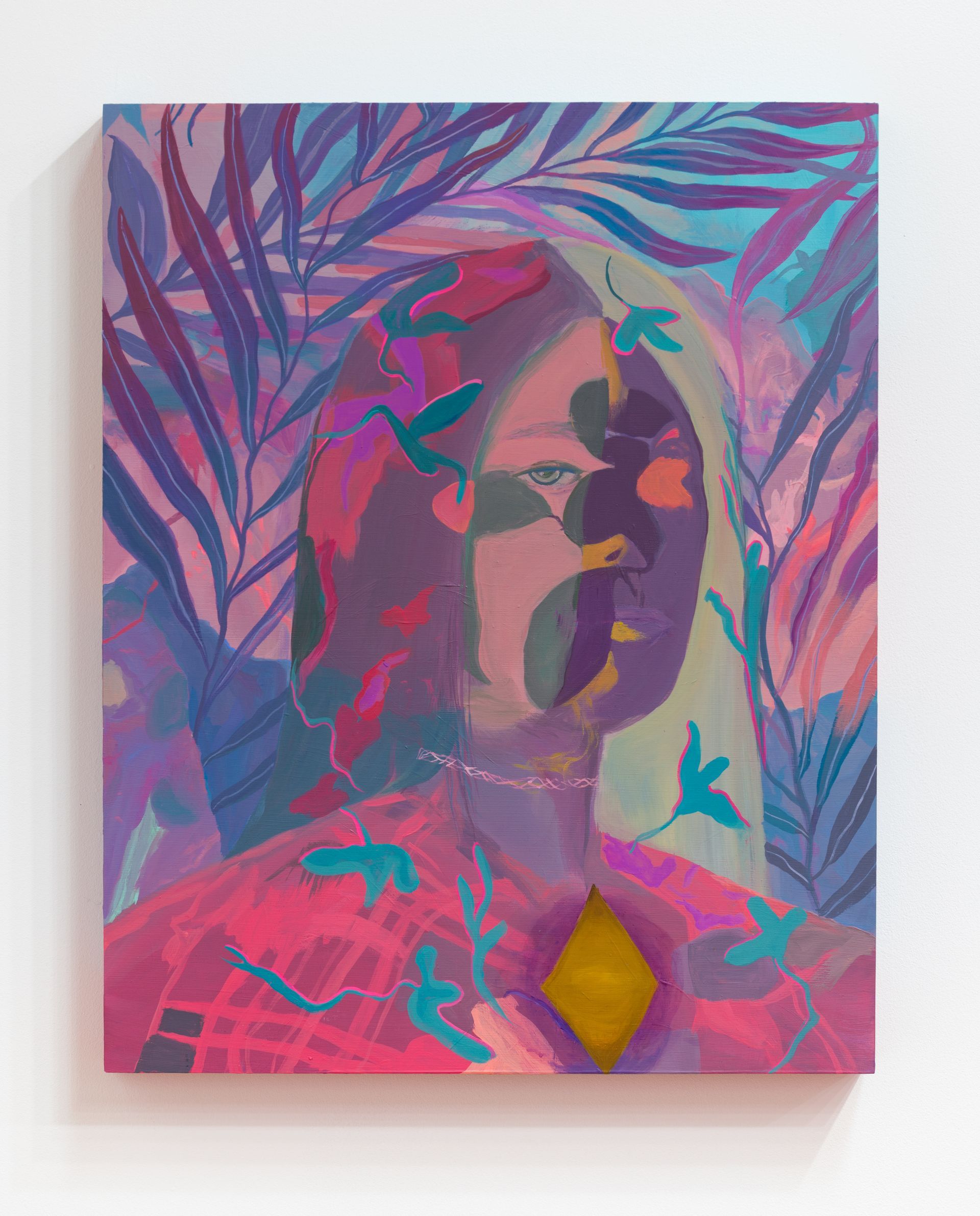 Portrait by Emily Wise of a person with foliage background. Shades of purple, pink, and blue. Diamond pendant.