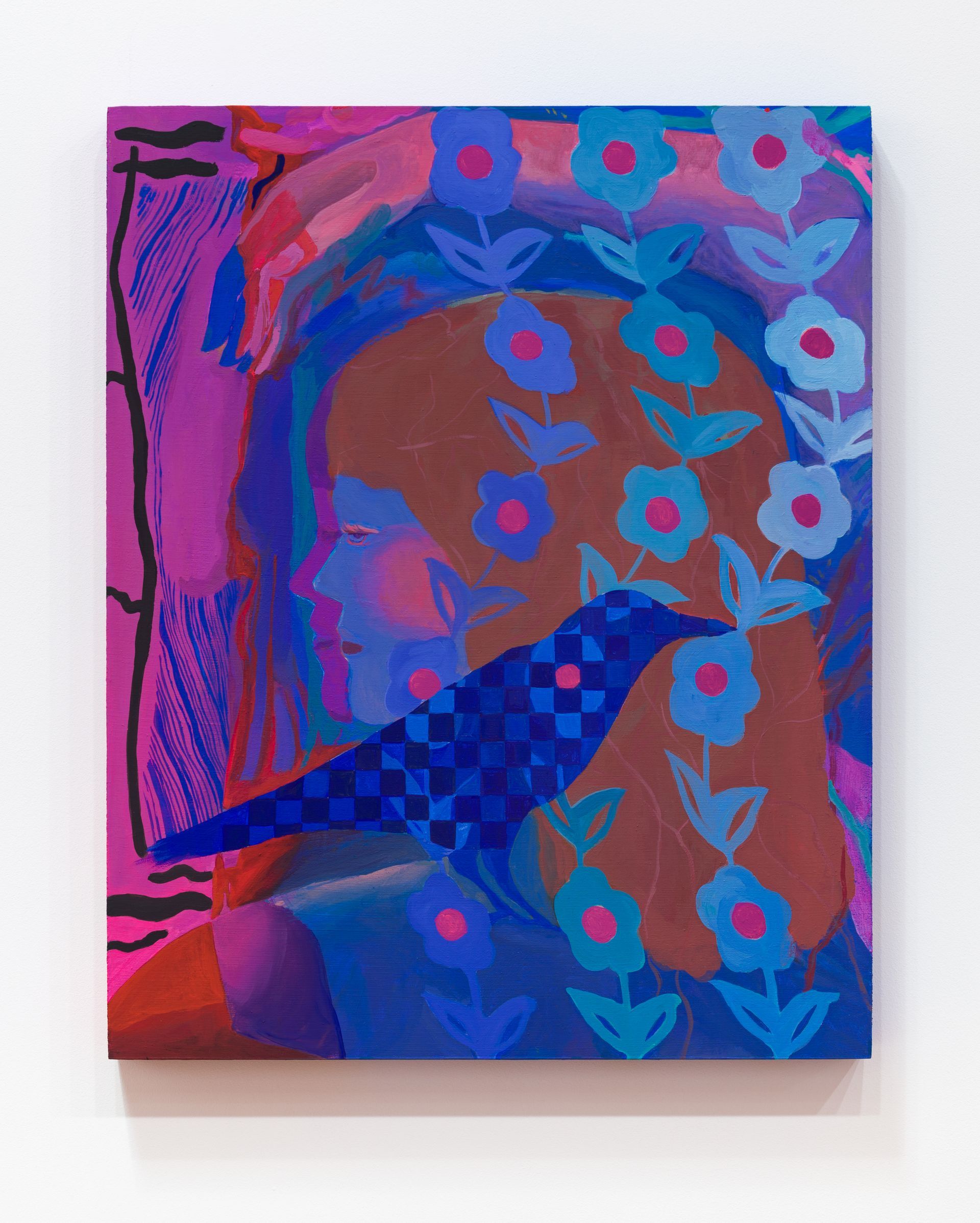 Woman with blue bird, surrounded by blue flowers, in shades of pink, purple, and blue by Emily Wise.