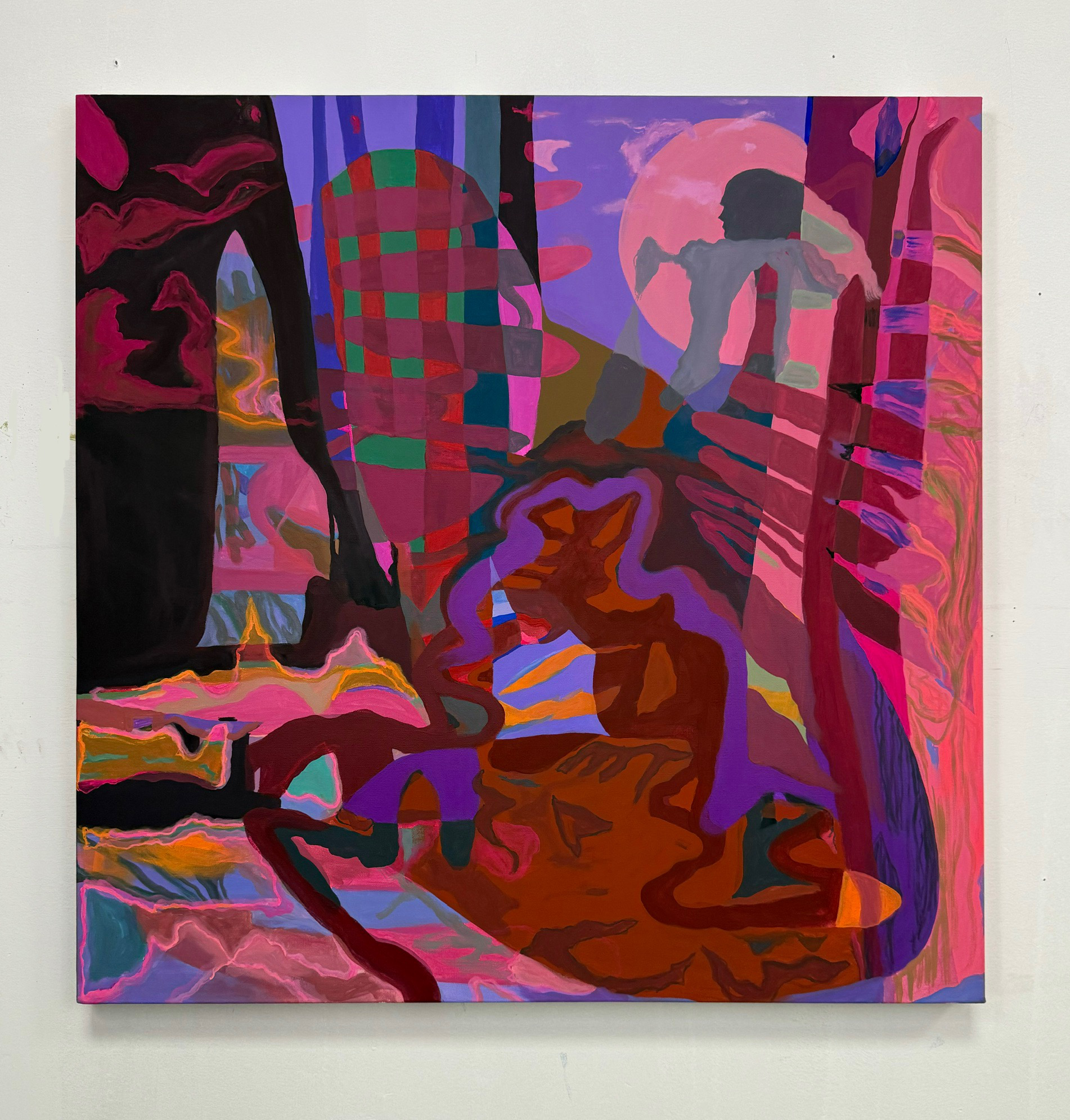 Abstract painting by Emily Wise with layered shapes in pinks, purples, and browns; a silhouetted figure walks past a moon.