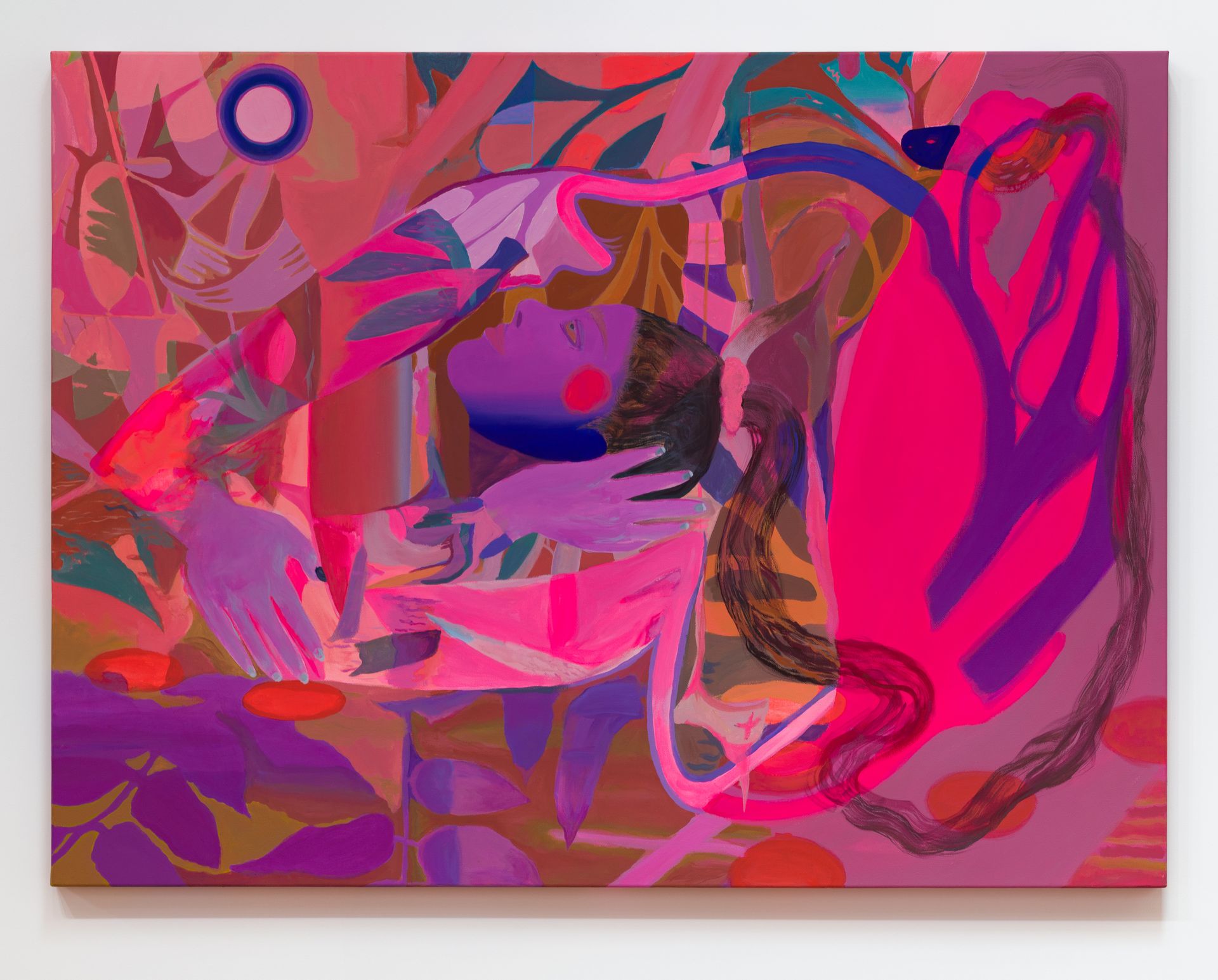 Abstract painting in pinks/purples, depicts a figure reaching, surrounded by floral shapes by Emily Wise.