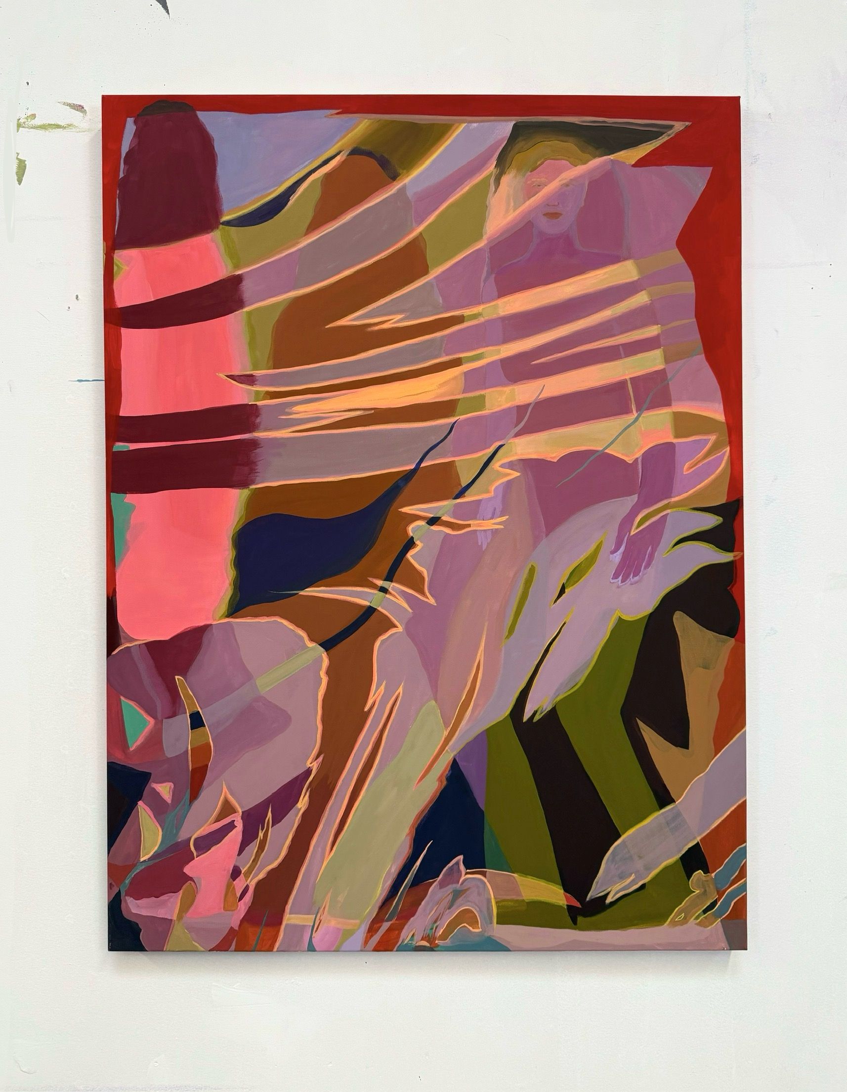 Abstract painting by Emily Wise with overlapping shapes of pink, purple, brown, green, and orange on a red-framed canvas.
