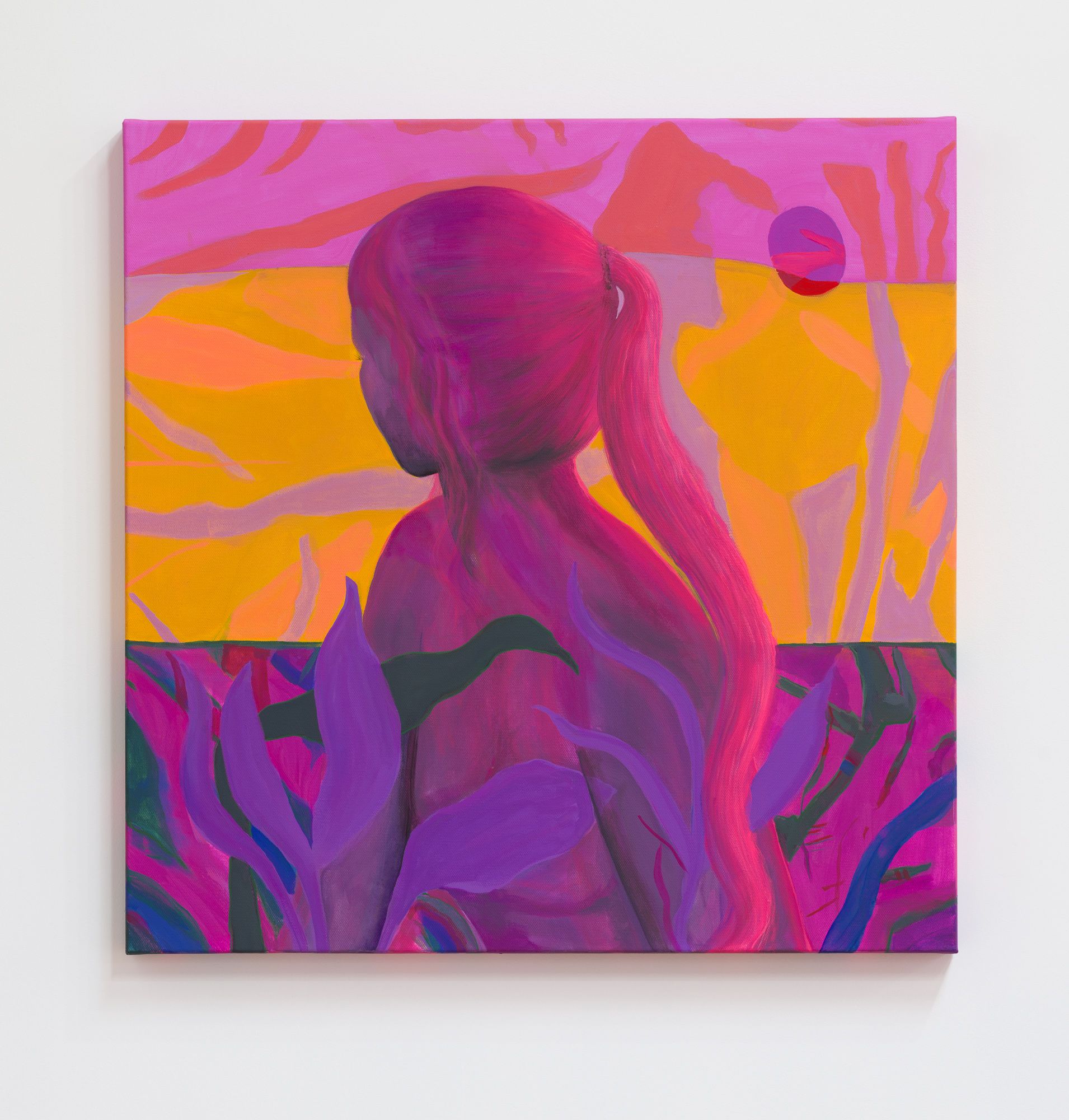 Woman with pink hair in front of a colorful sunset. Purple and orange hues dominate the scene by Emily Wise.