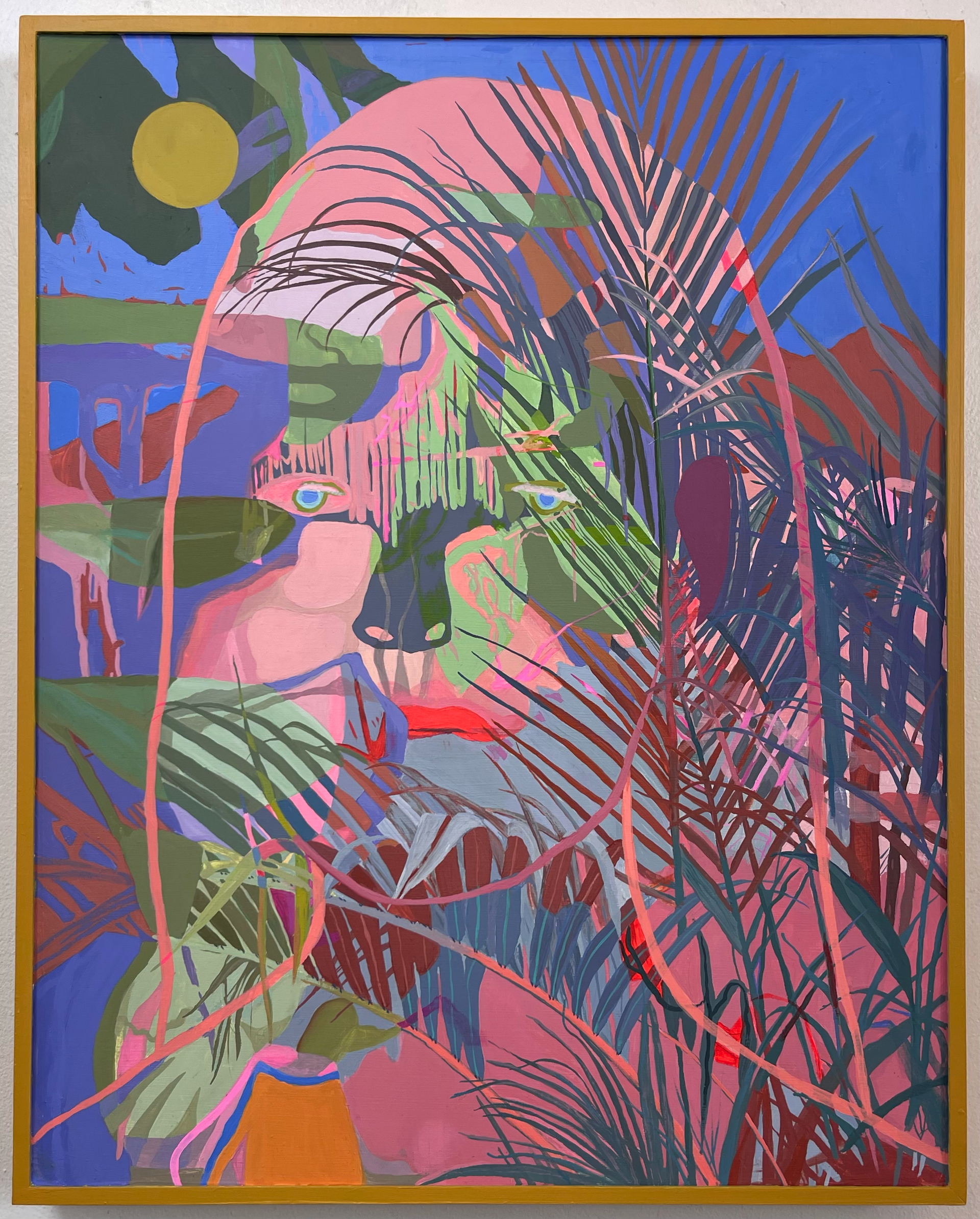 Painting by Emily Wise of a face, mostly pink and green, with palm fronds in a lush, colorful landscape.