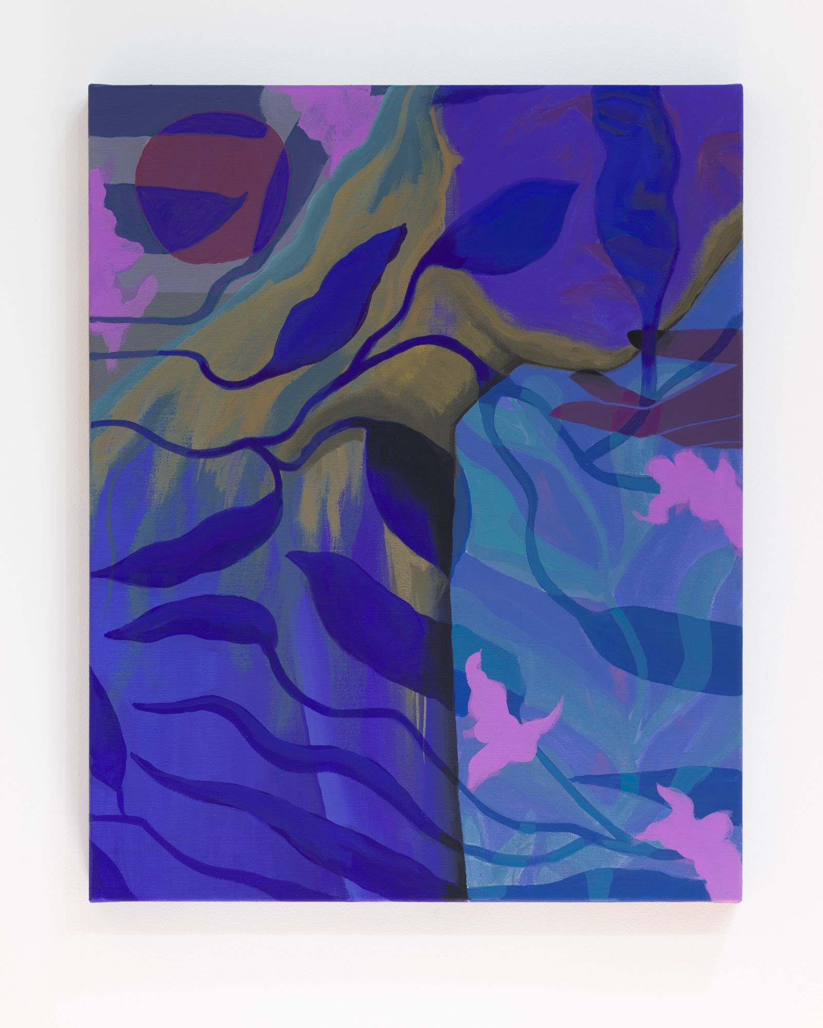 Abstract botanical painting by Emily Wise in shades of blue, purple, and olive with leaf-like shapes.