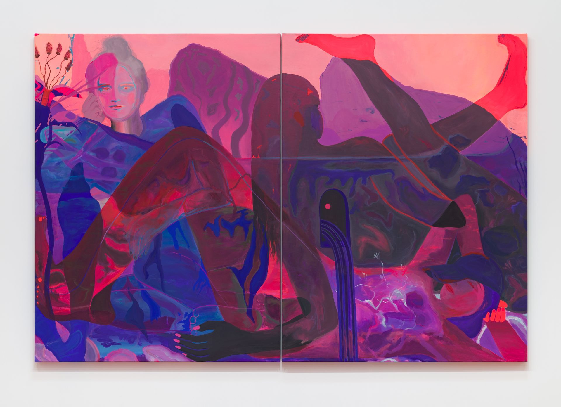 Abstract figures in pinks and blues, overlapping in a vibrant, dynamic composition by Emily Wise.