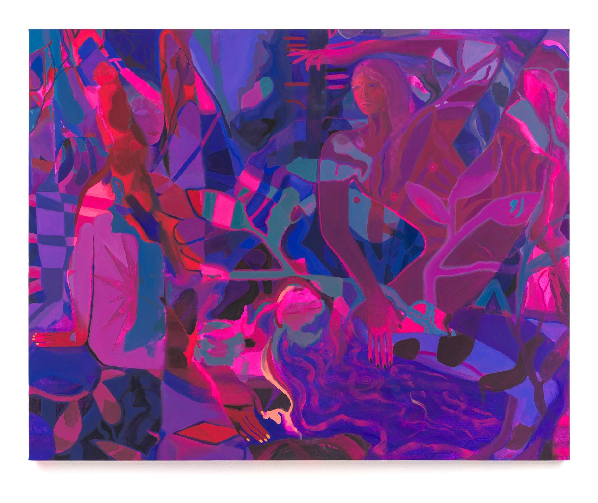 Abstract painting  by Emily Wise of figures in a purple and pink, jungle-like setting.