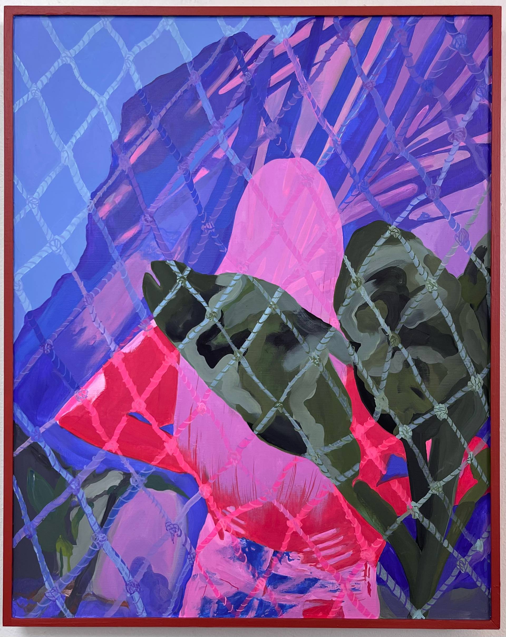 Painting  by Emily Wise of figure behind chain link fence; bright pink against blue and green.