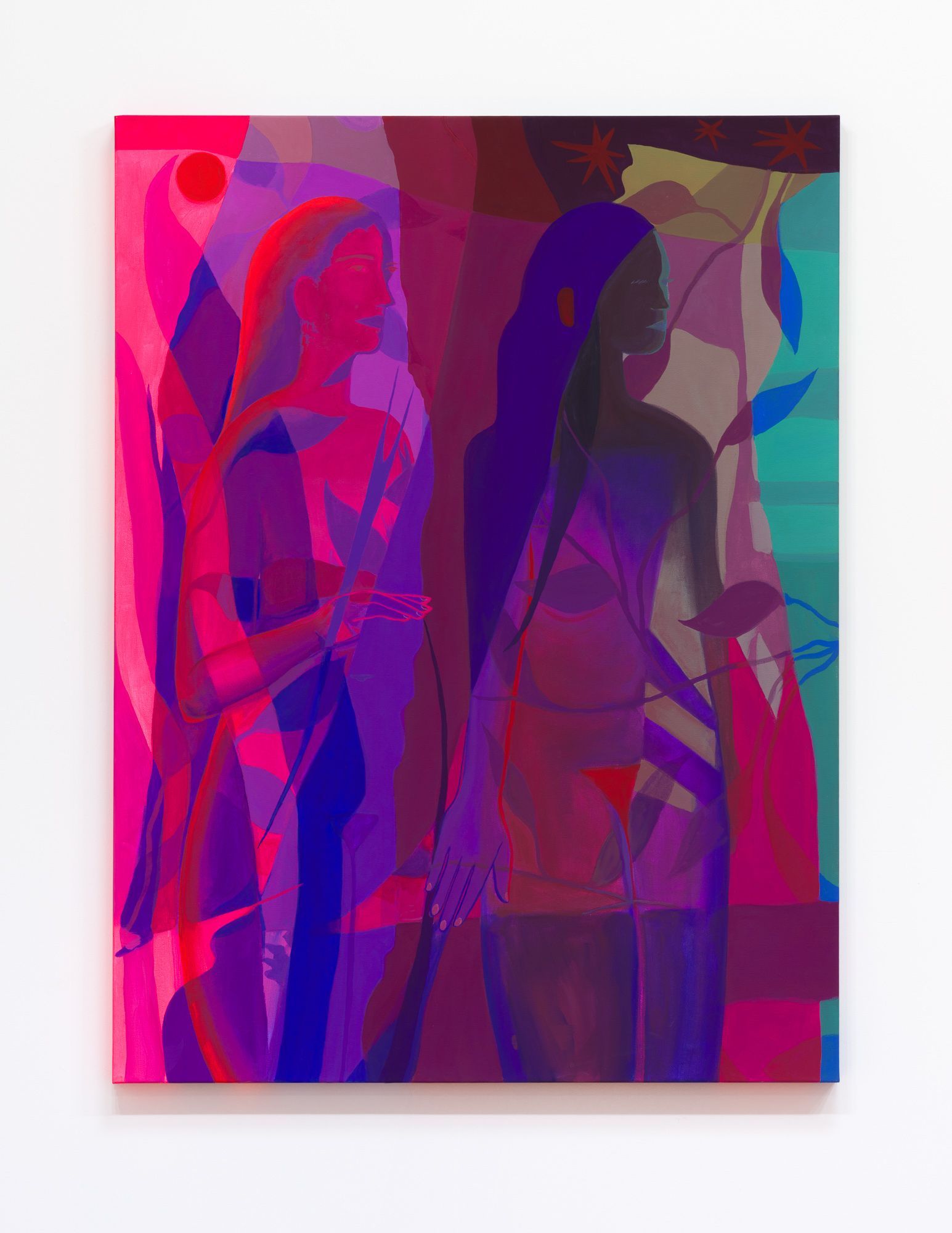 Two women in layered translucent colors, pink, blue, and purple. Standing near foliage, with long hair, by Emily Wise.