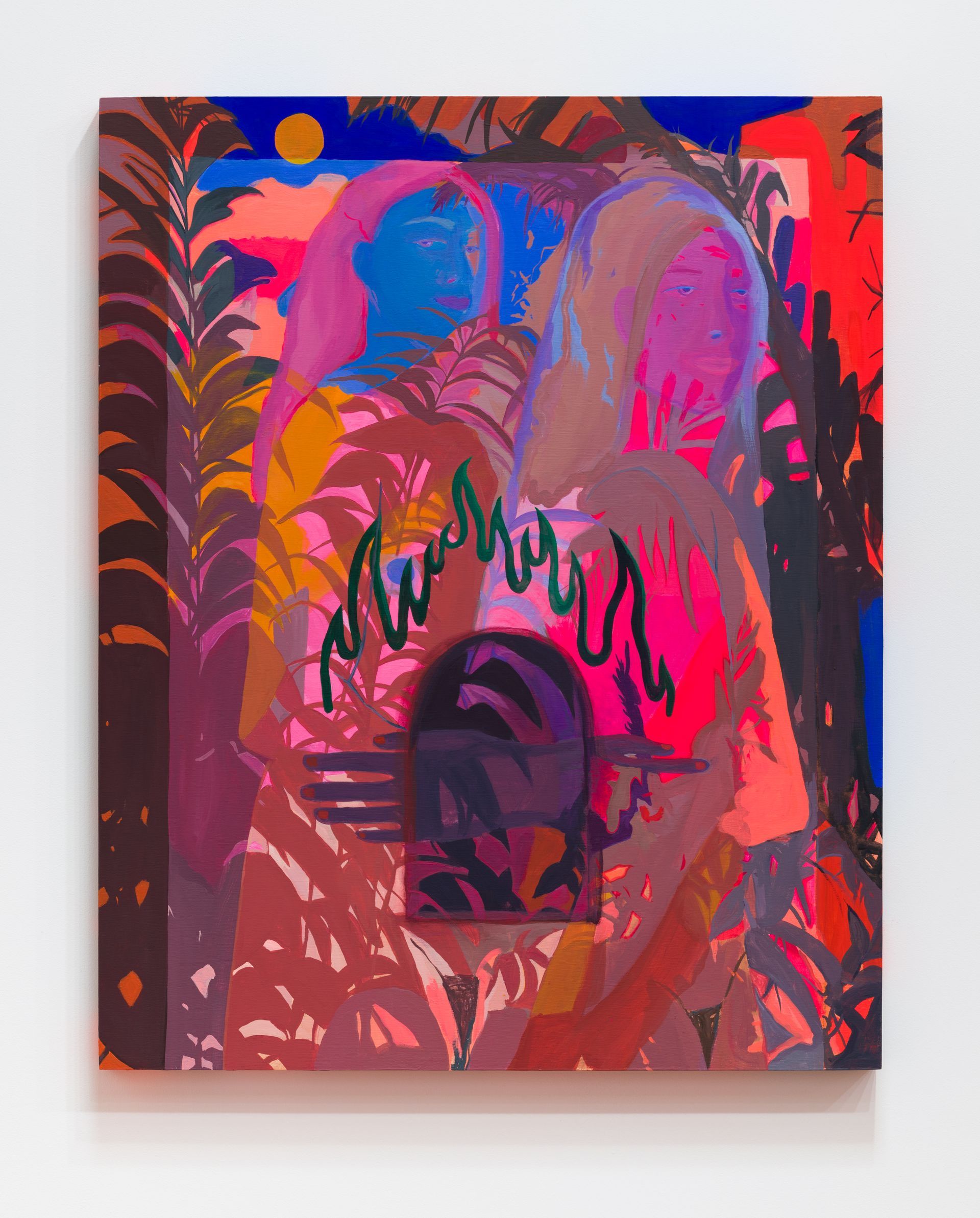 Abstract painting by Emily Wise of two figures embracing amid lush vegetation, vibrant colors: pink, blue, and orange.