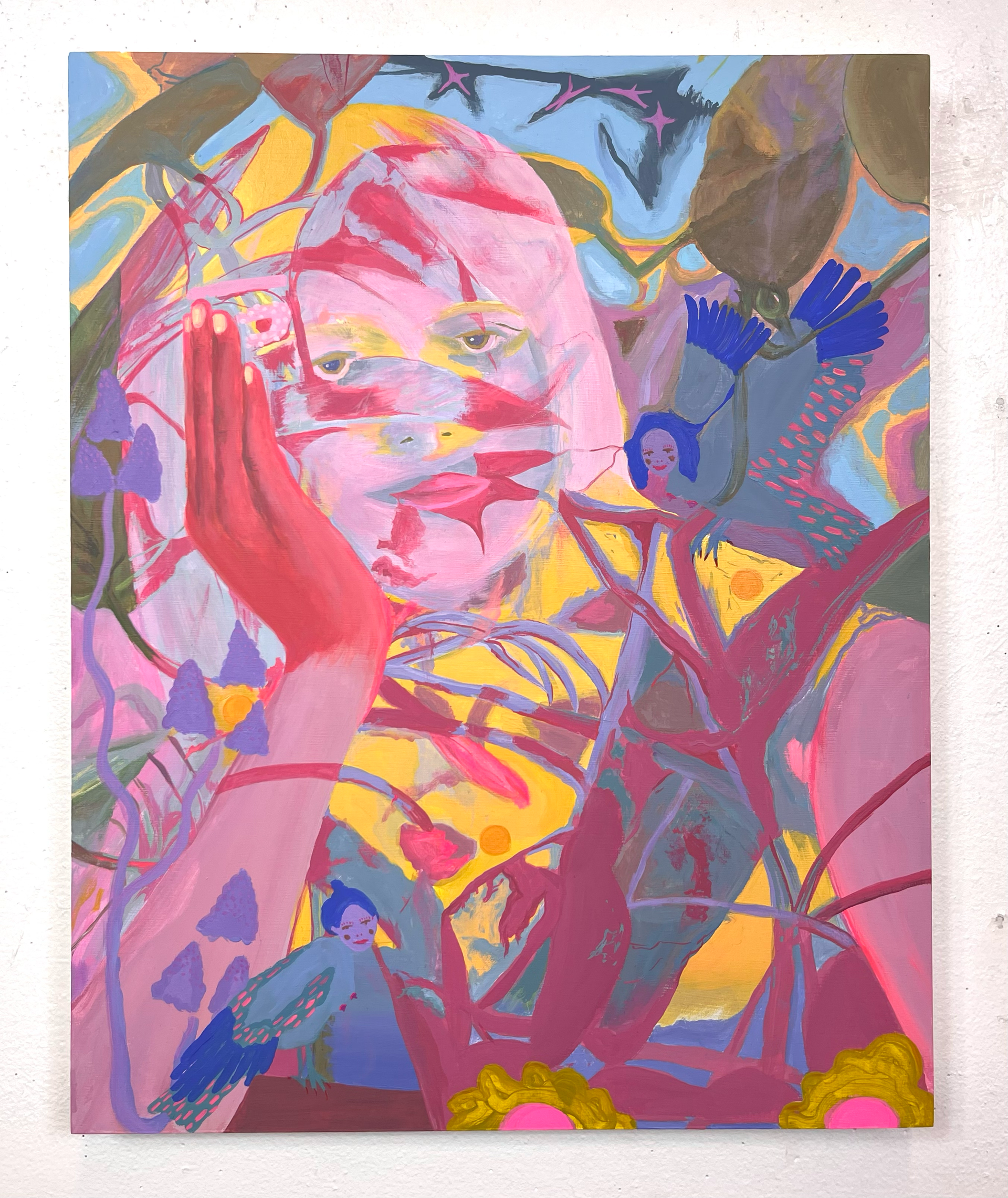 Woman's face, hand on cheek, in colorful, abstract floral background  by Emily Wise. Pink, yellow, blue hues.