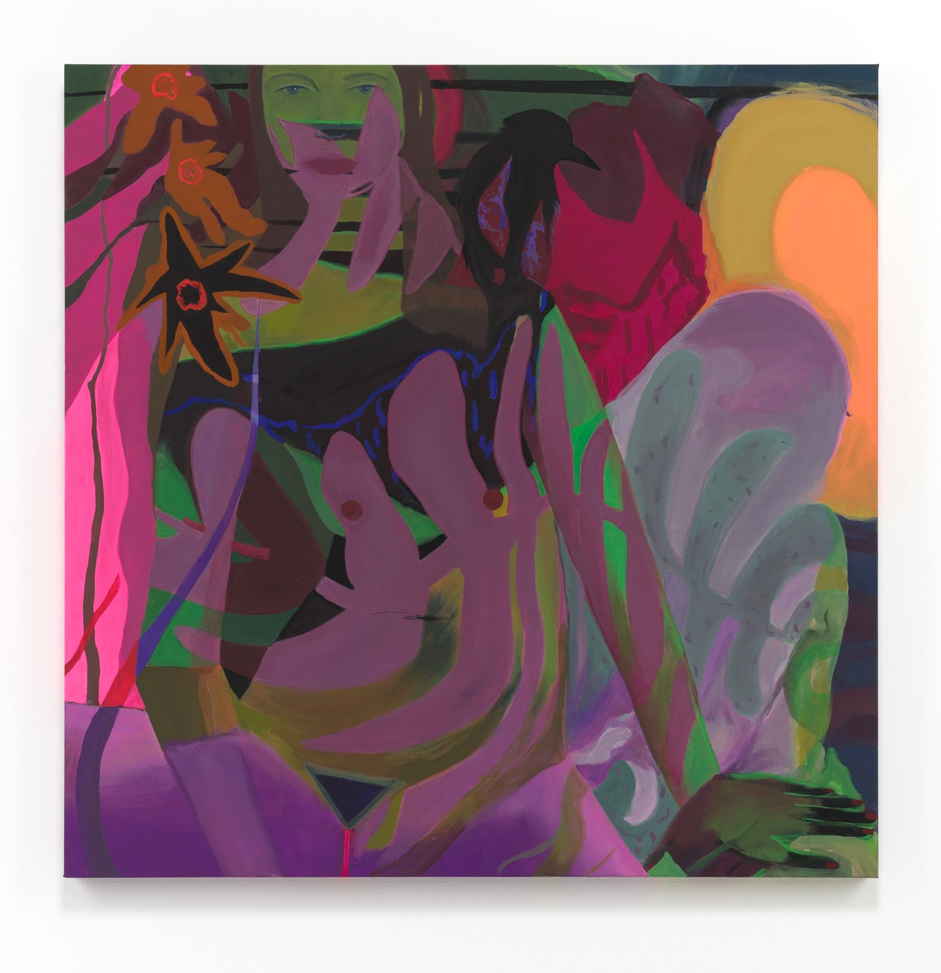 Abstract painting  by Emily Wise of figures in vibrant pinks, greens, and purples; includes a star-shaped flower.