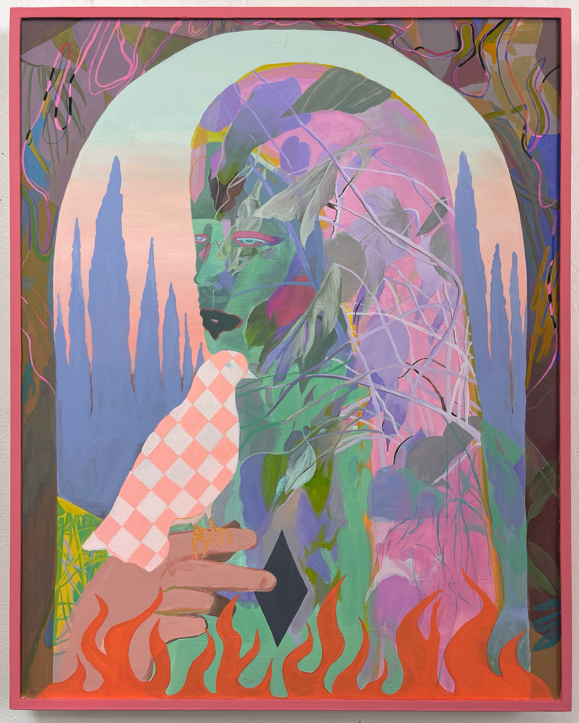 Woman with dove, surrounded by flames and an arched doorway, in pastel colors by Emily Wise. 