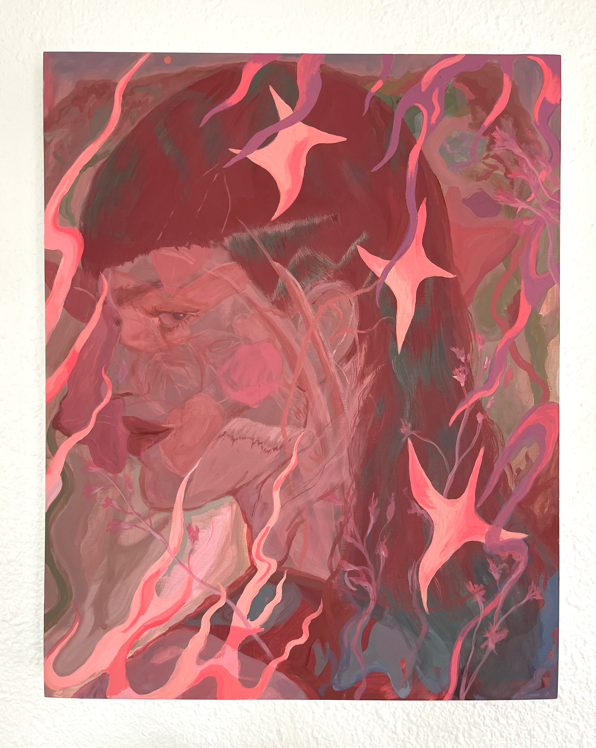 Abstract painting  by Emily Wise of a person's face in shades of red, with star shapes and organic lines.