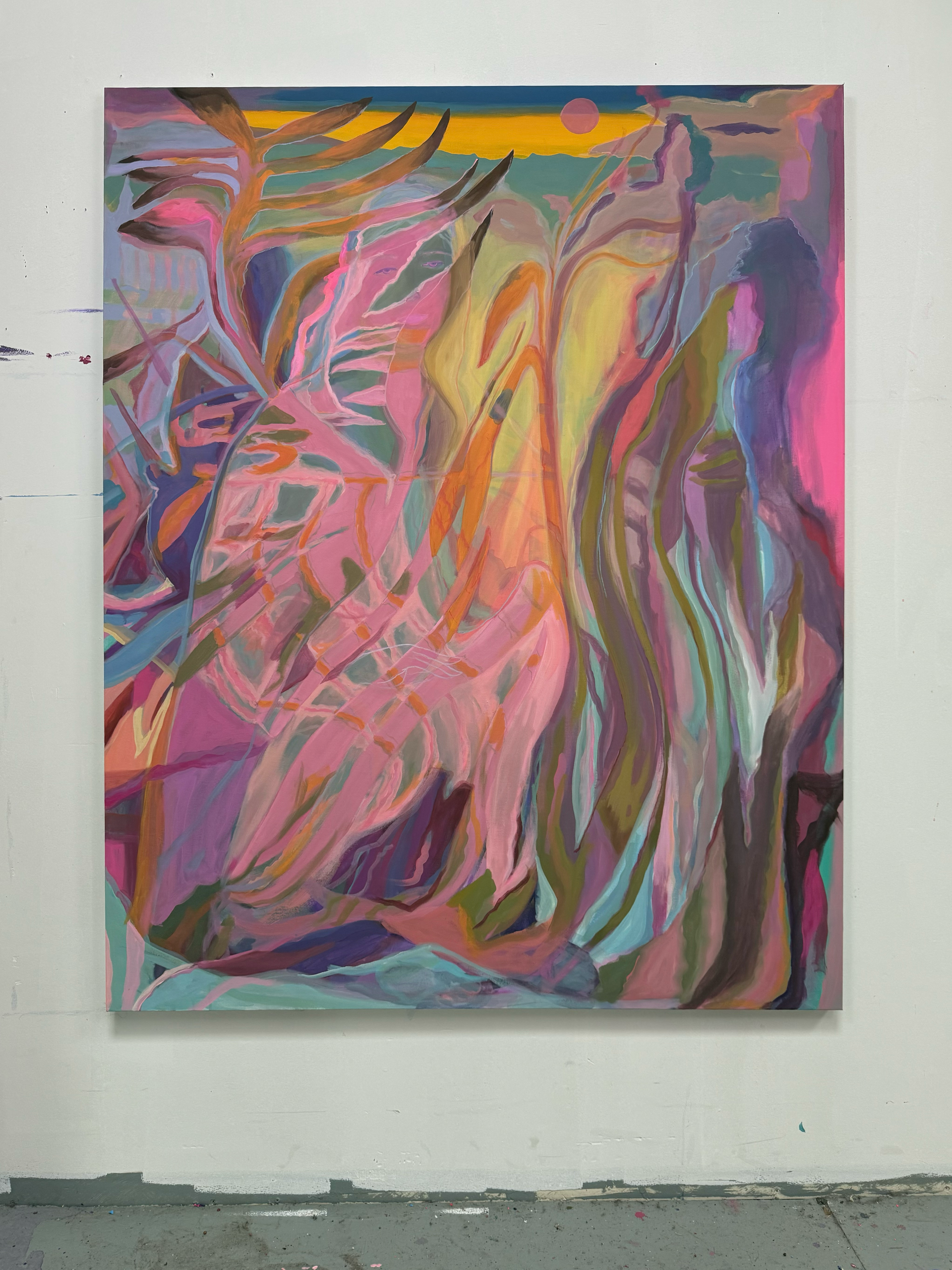 Abstract painting by Emily Wise of a colorful, flowing composition with pink, yellow, and blue tones.