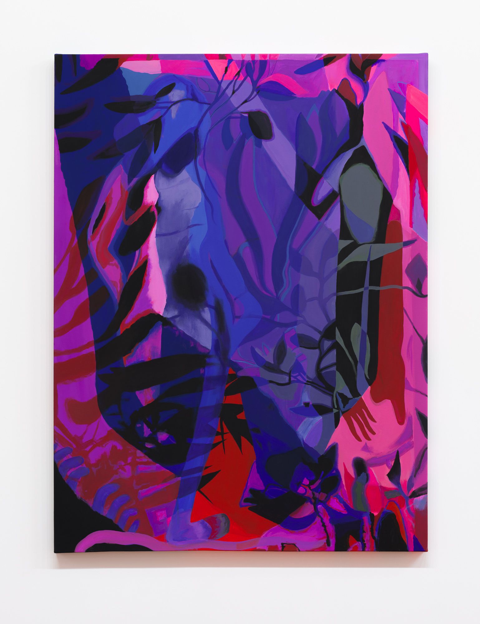 Abstract painting by Emily Wise of layered leaves in vibrant blues, purples, pinks, and reds.