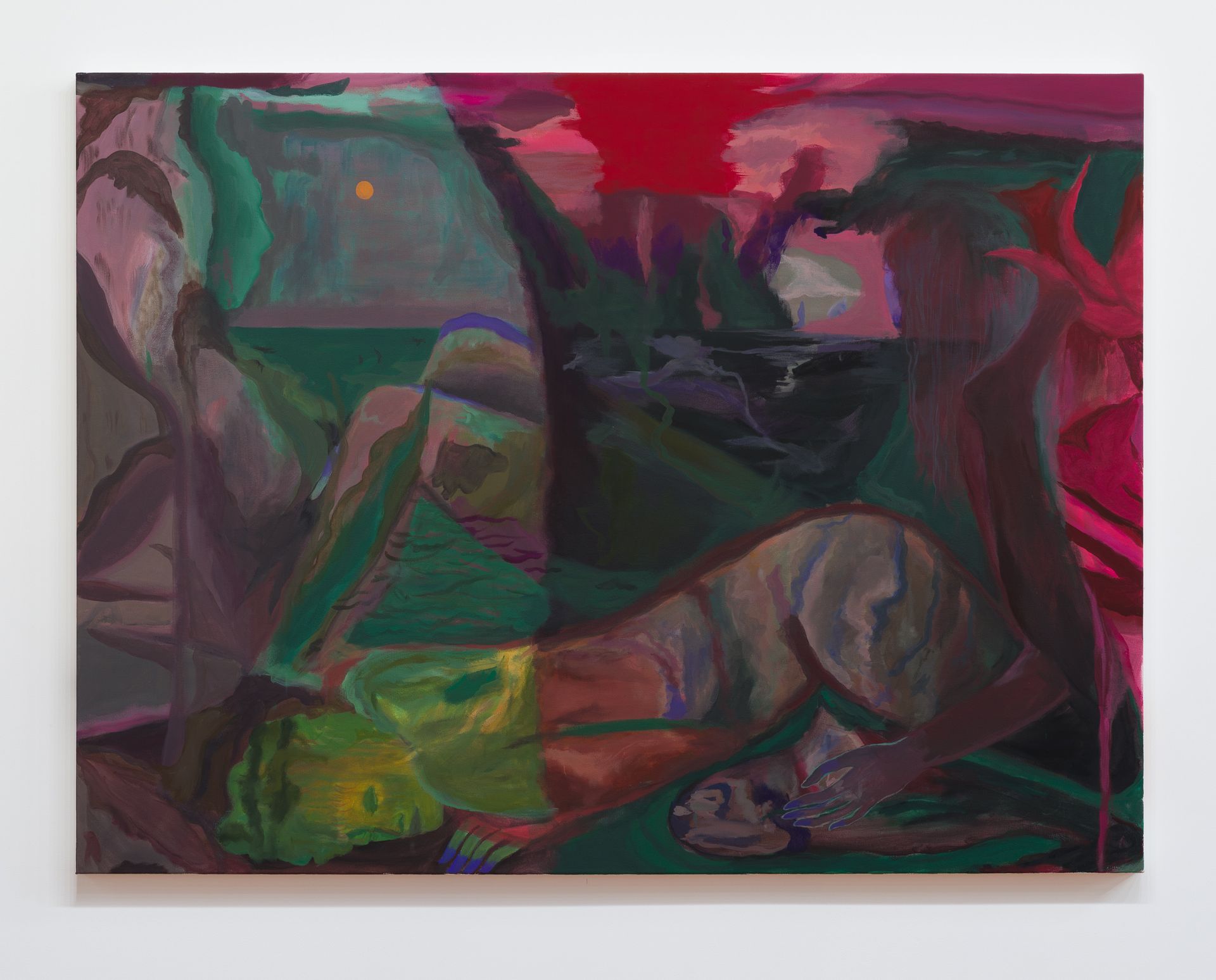 Abstract painting by Emily Wise with figures in greens, pinks, and purples, lying and reaching across a landscape.