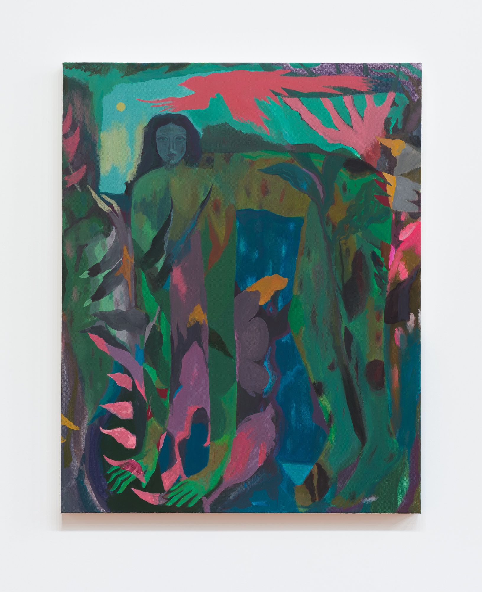 Woman standing in lush, colorful foliage. Greens, pinks, and blues, creating an abstract jungle scene; by Emily Wise.