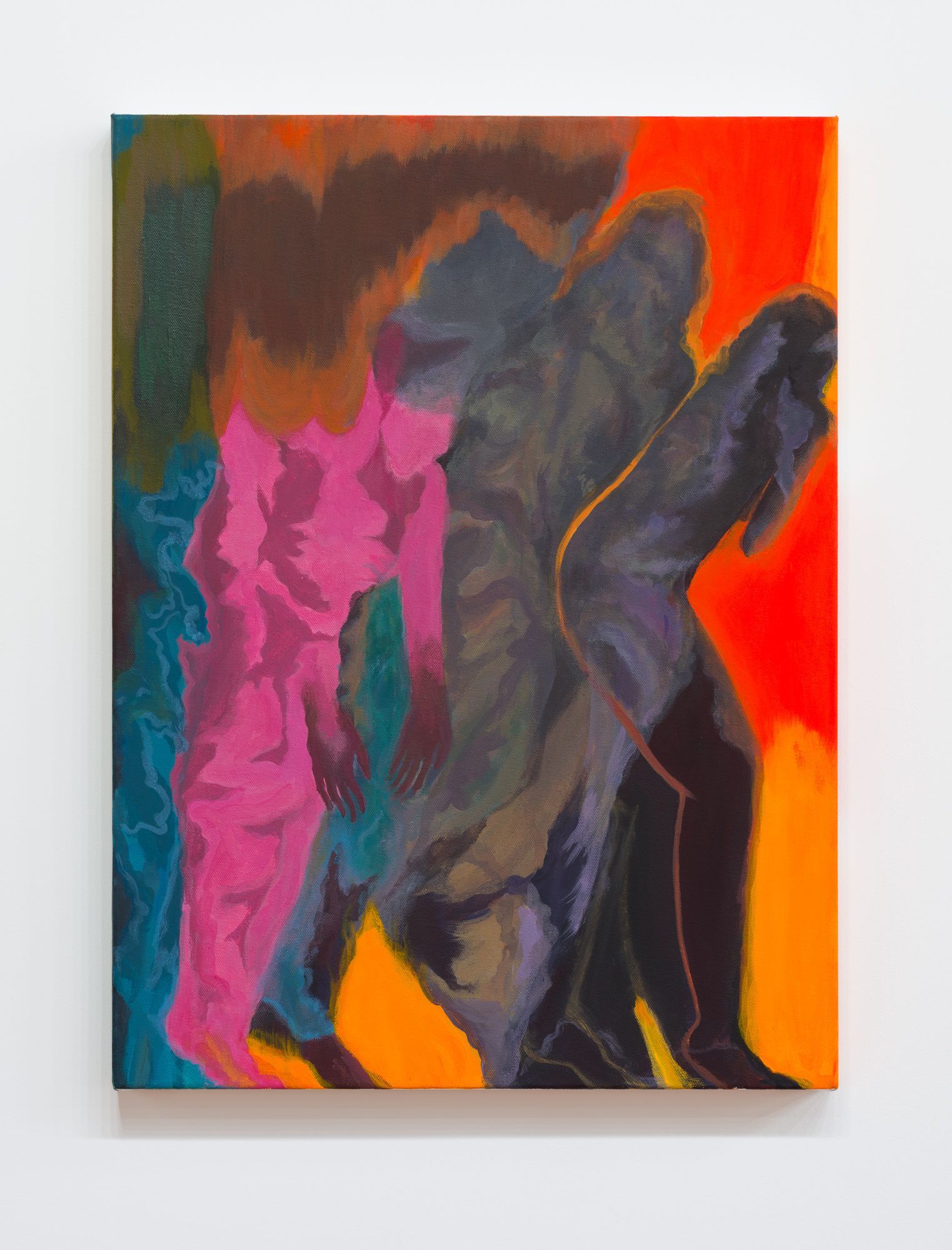 Abstract painting by Emily Wise of blurred figures in shades of pink, blue, brown, and black against orange and red.