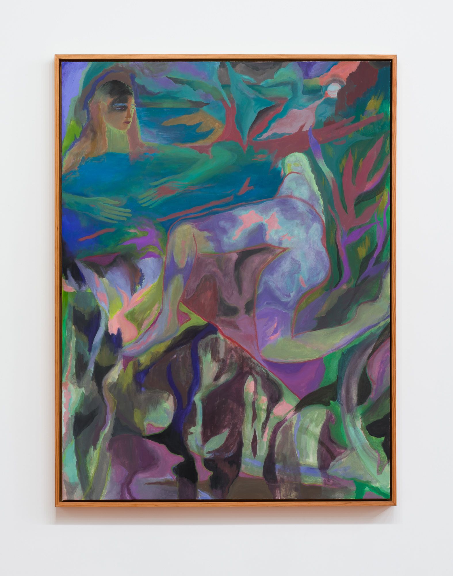 Abstract painting by Emily Wise in blues, greens, and purples; figures and organic shapes amidst a landscape.
