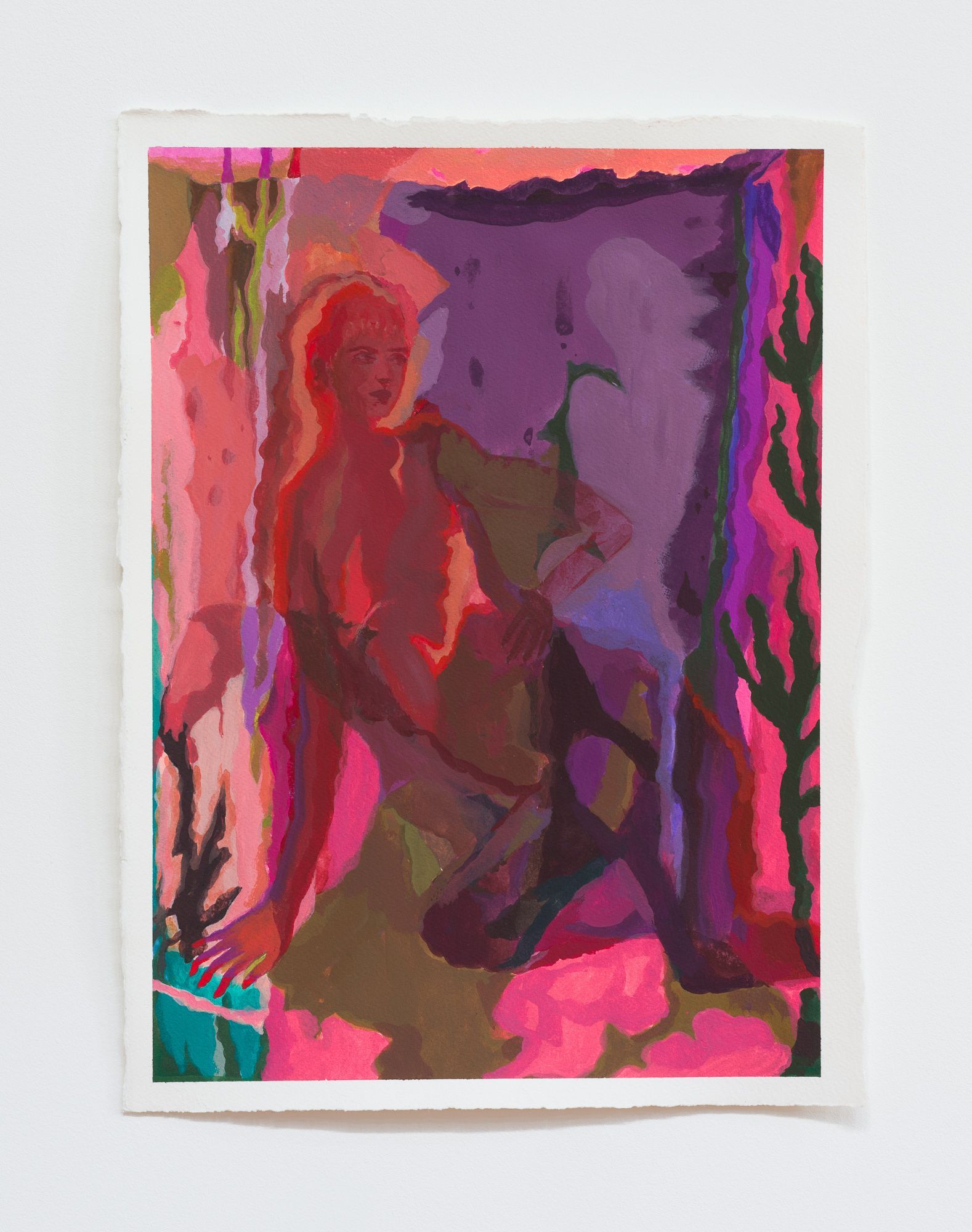 Nude figure by Emily Wise in red tones interacting with a purple form. Pink and green foliage surrounds them.