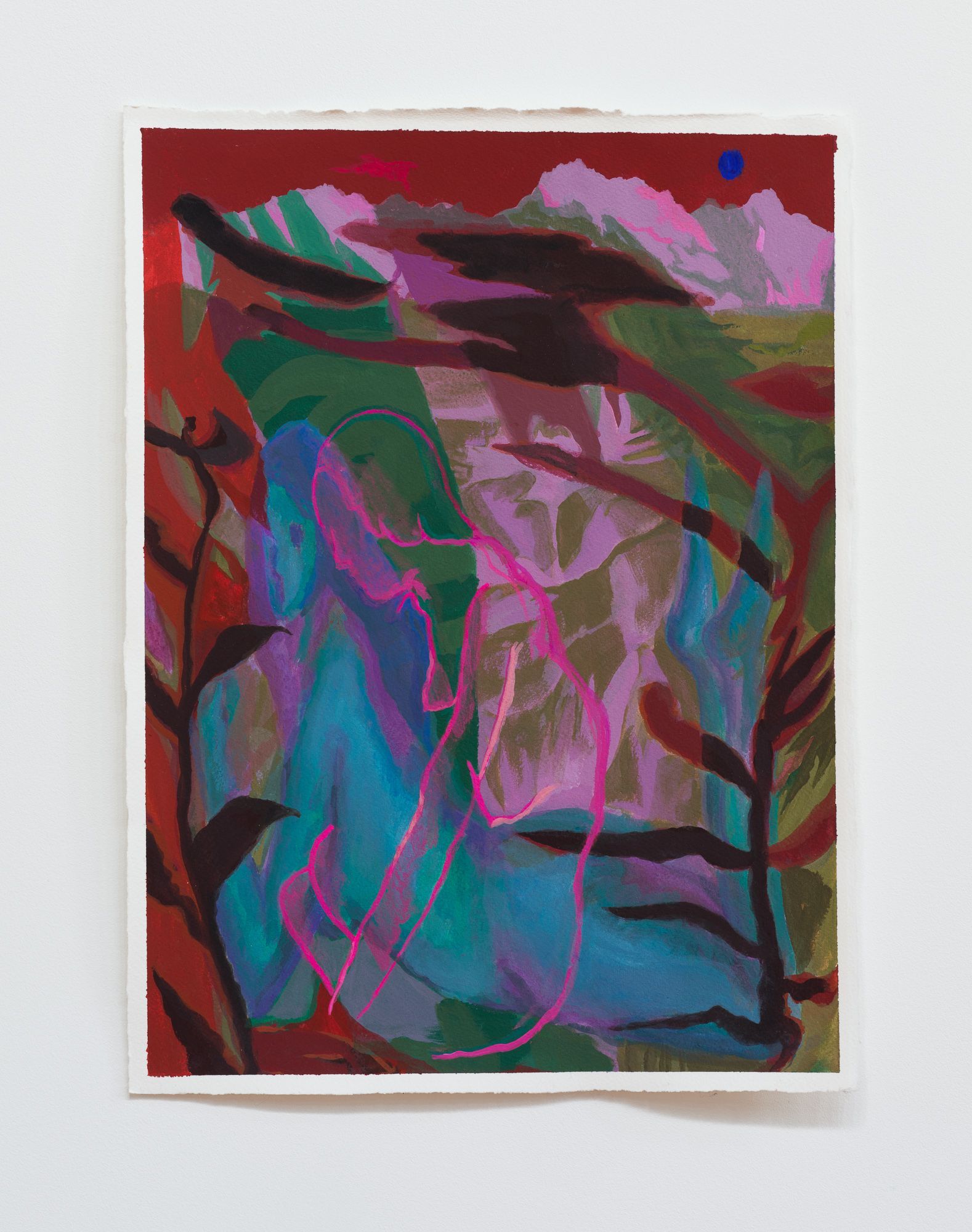 Abstract painting by Emily Wise with red, green, blue, and purple hues; plant-like forms frame a central waterfall shape.