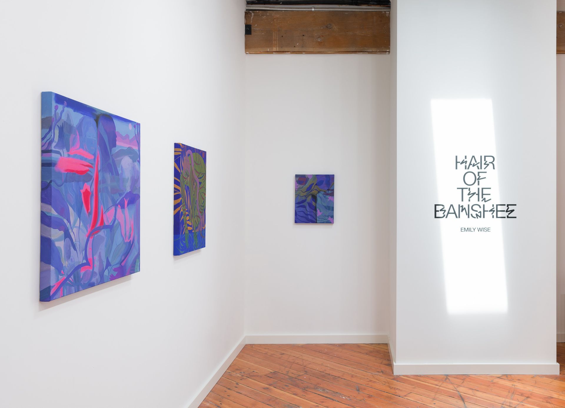 Art gallery interior with three colorful paintings by Emily Wise on white walls, and text