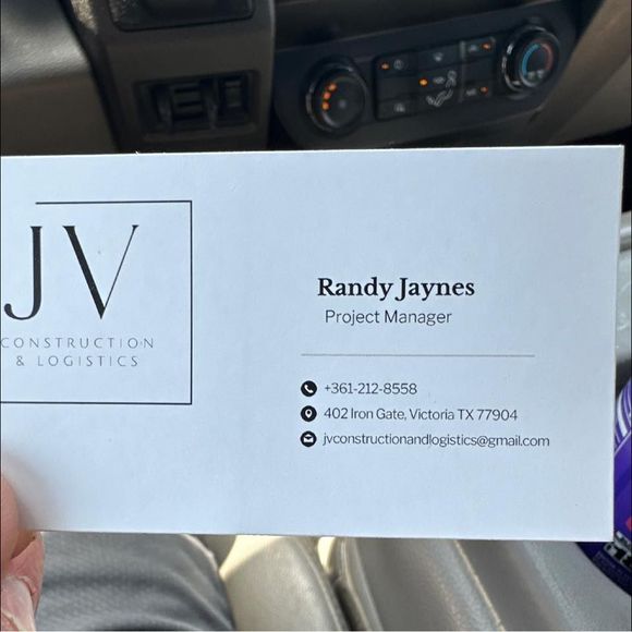 Business card for Randy Jaynes, Project Manager, with contact info for JV Construction & Logistics.