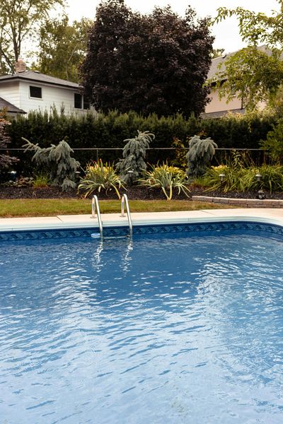 Swimming pool with ladder, lush greenery, and houses in the background. Blue water with reflections.