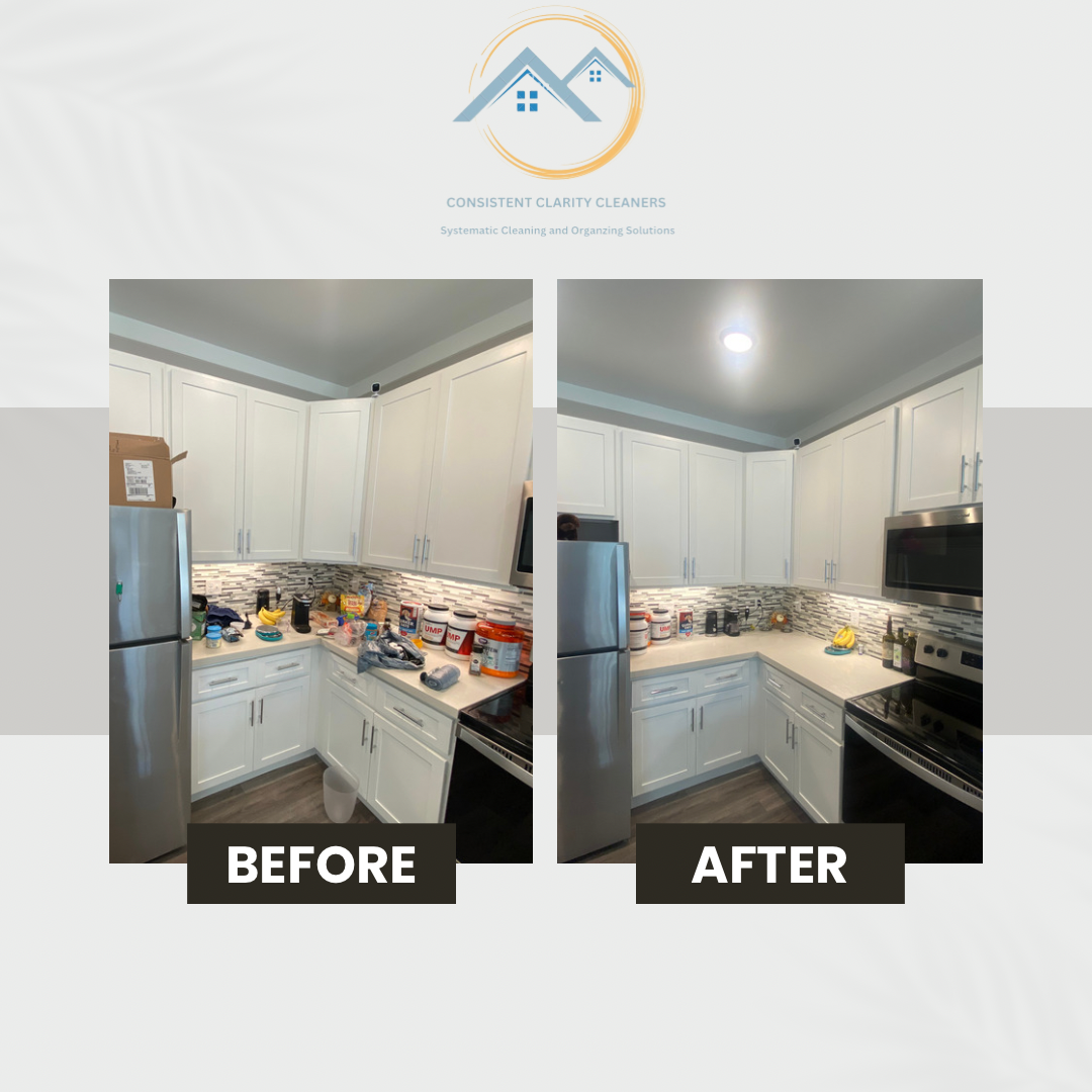 A before and after photo of a kitchen with white cabinets and stainless steel appliances.