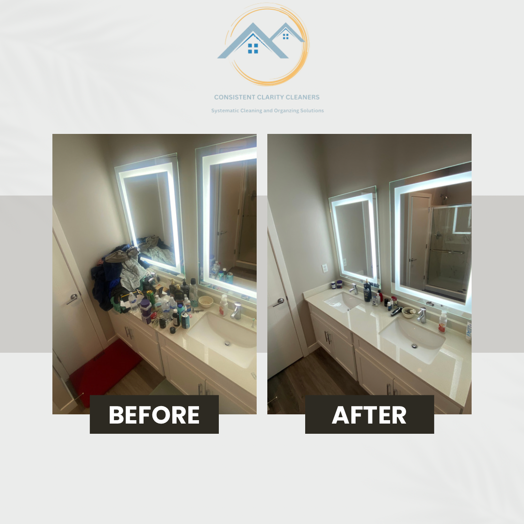 A before and after photo of a bathroom with two sinks and mirrors.