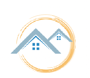 A logo for a real estate company with two houses in a circle.