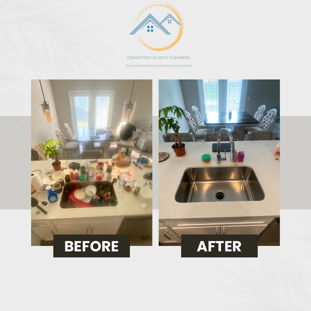 A before and after photo of a kitchen with a sink.