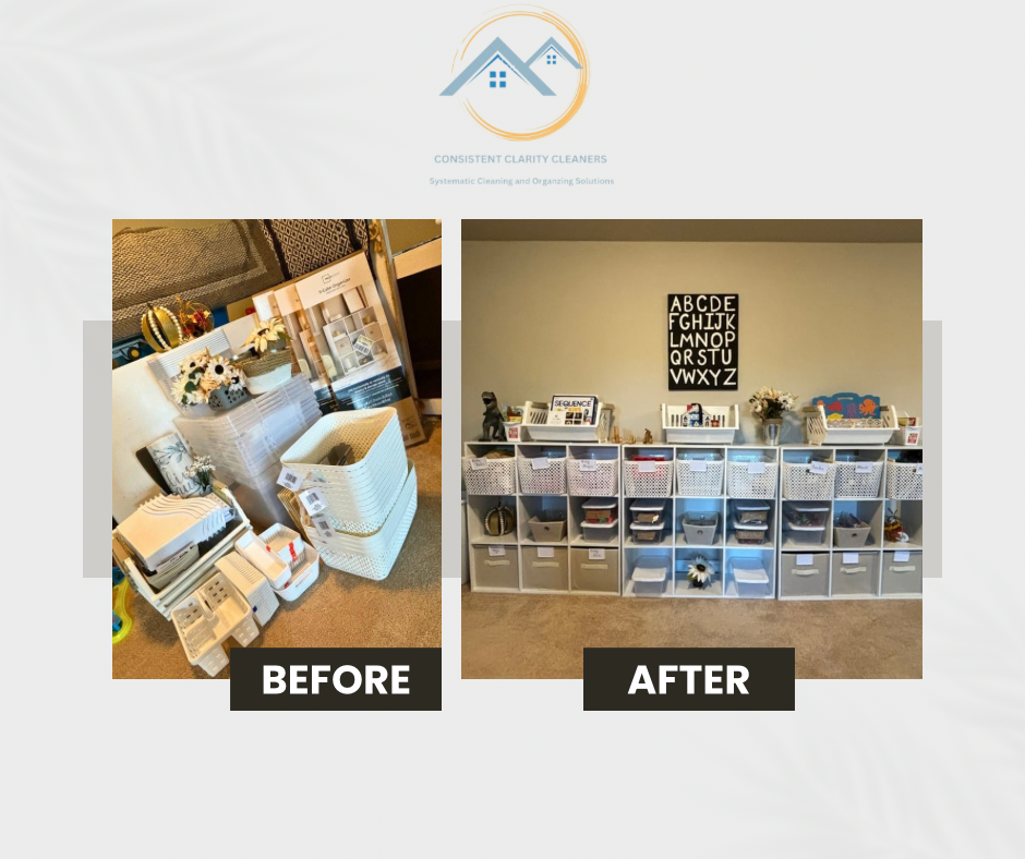 A before and after photo of a messy room and a clean room.