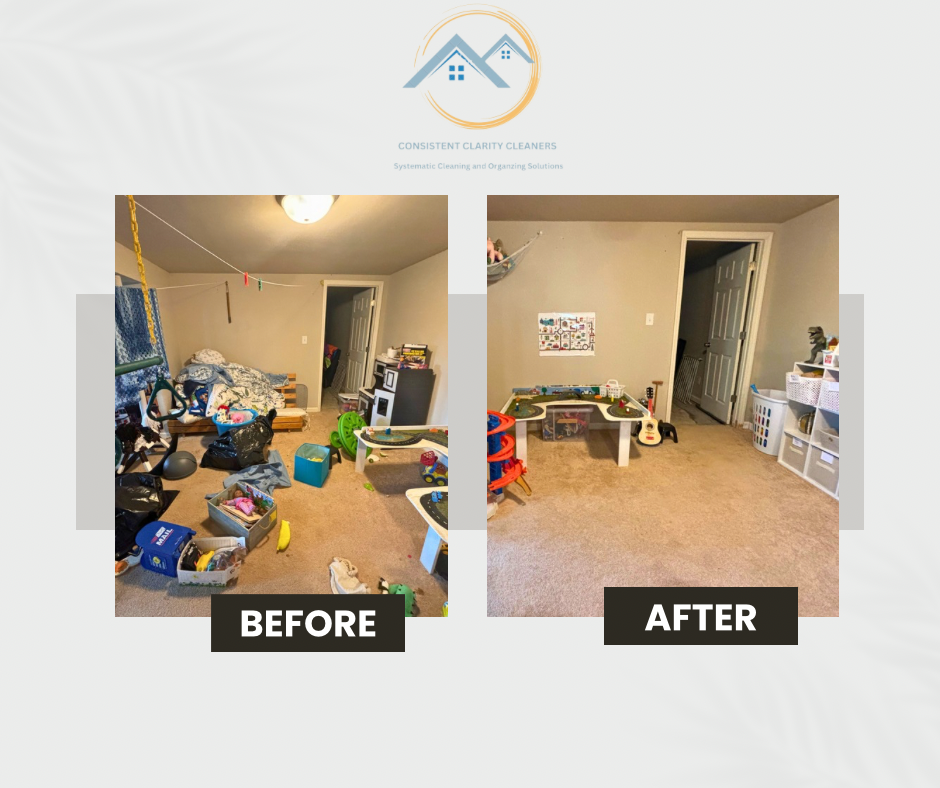 A before and after photo of a messy room and a clean room.